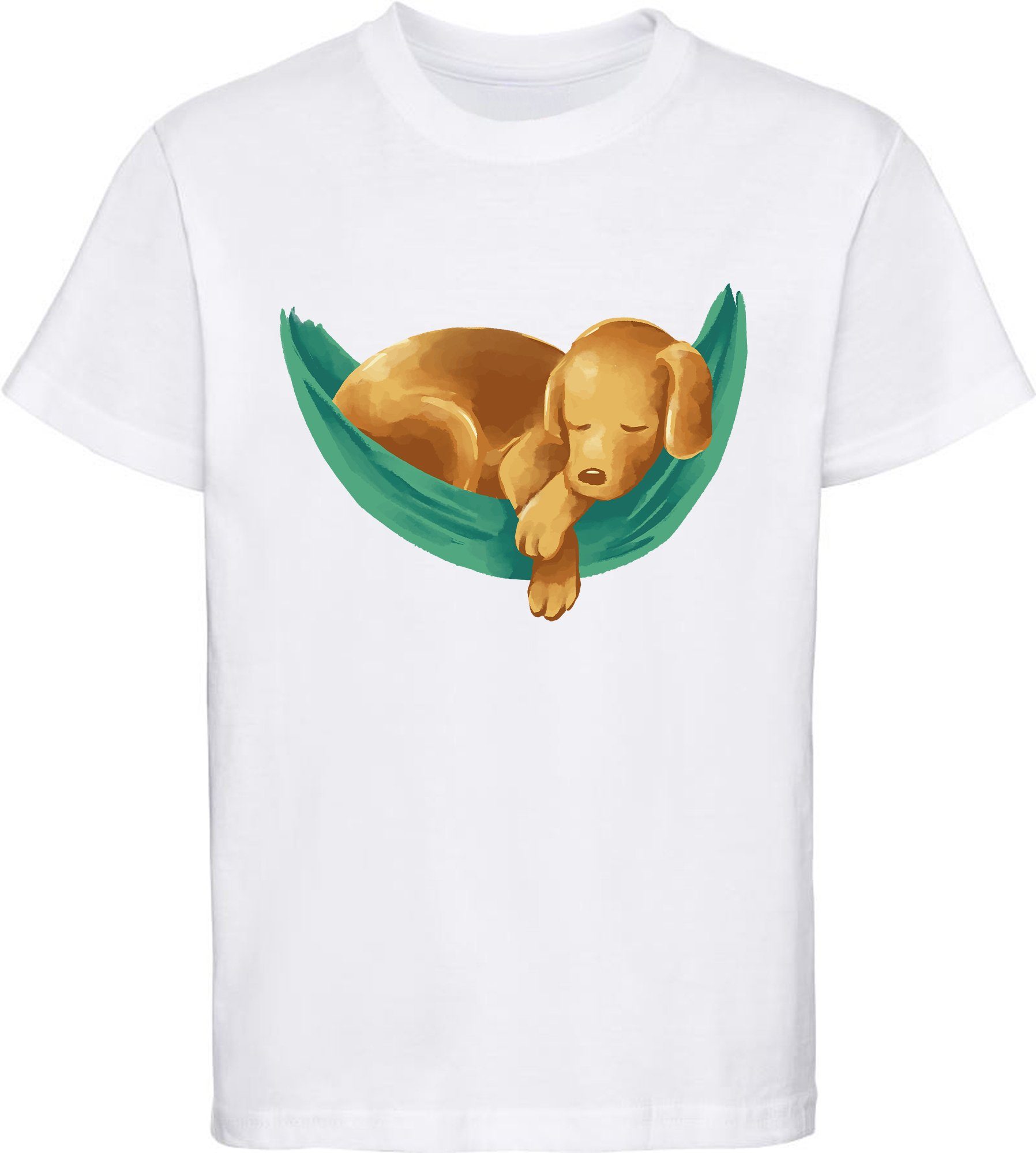 MyDesign24 T-Shirt Kinder in Hunde bedruckt Shirt Baumwollshirt Aufdruck, mit Print Welpe Labrador Hängematte weiss i245 