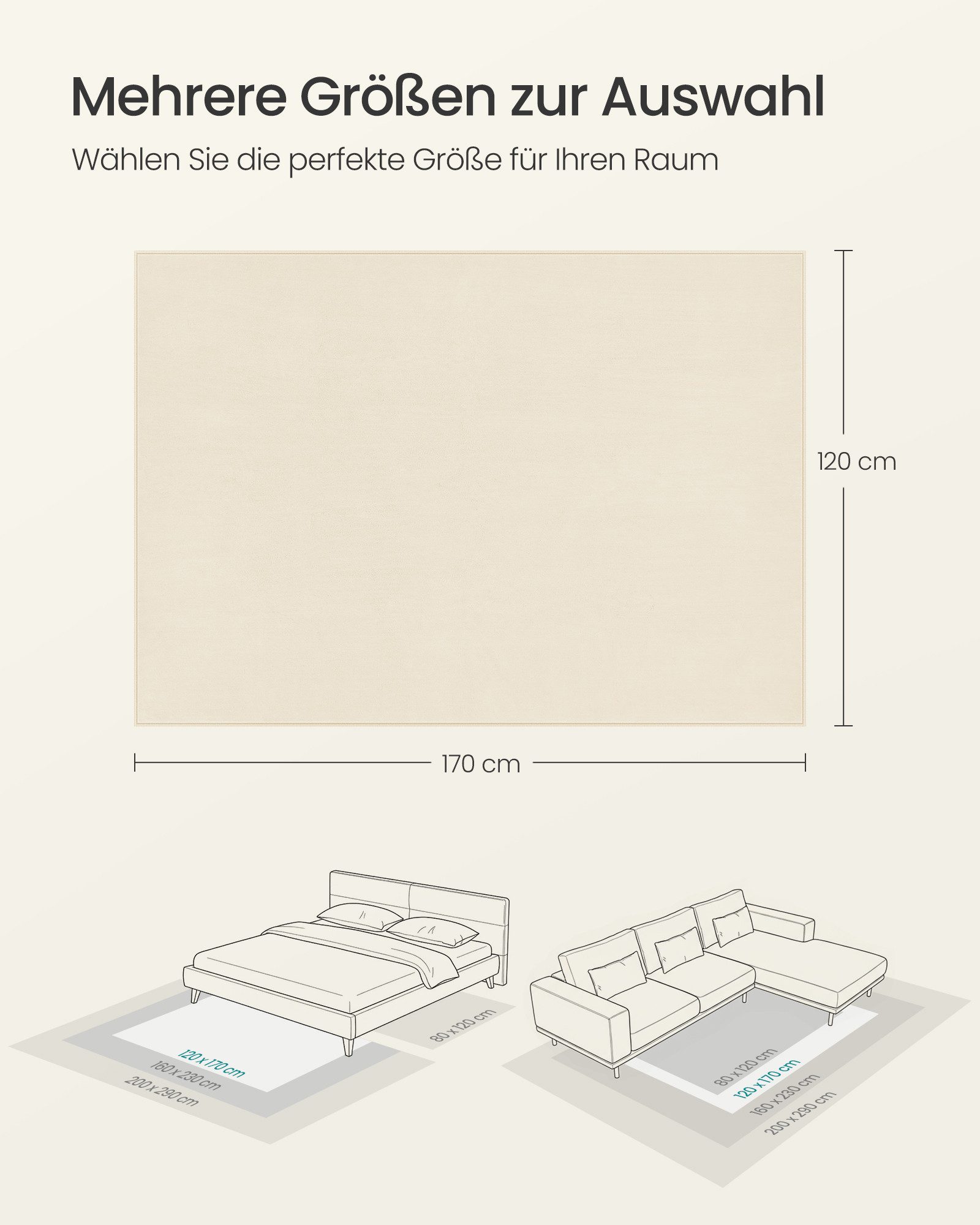 SONGMICS HOME Teppich Wohnzimmerteppich, Rutschfester Teppich, für Wohnzimmer, Schlafzimmer, Rechteck, 120 x 170 cm, Dekoration, maschinenwaschbar, Super Soft, modern