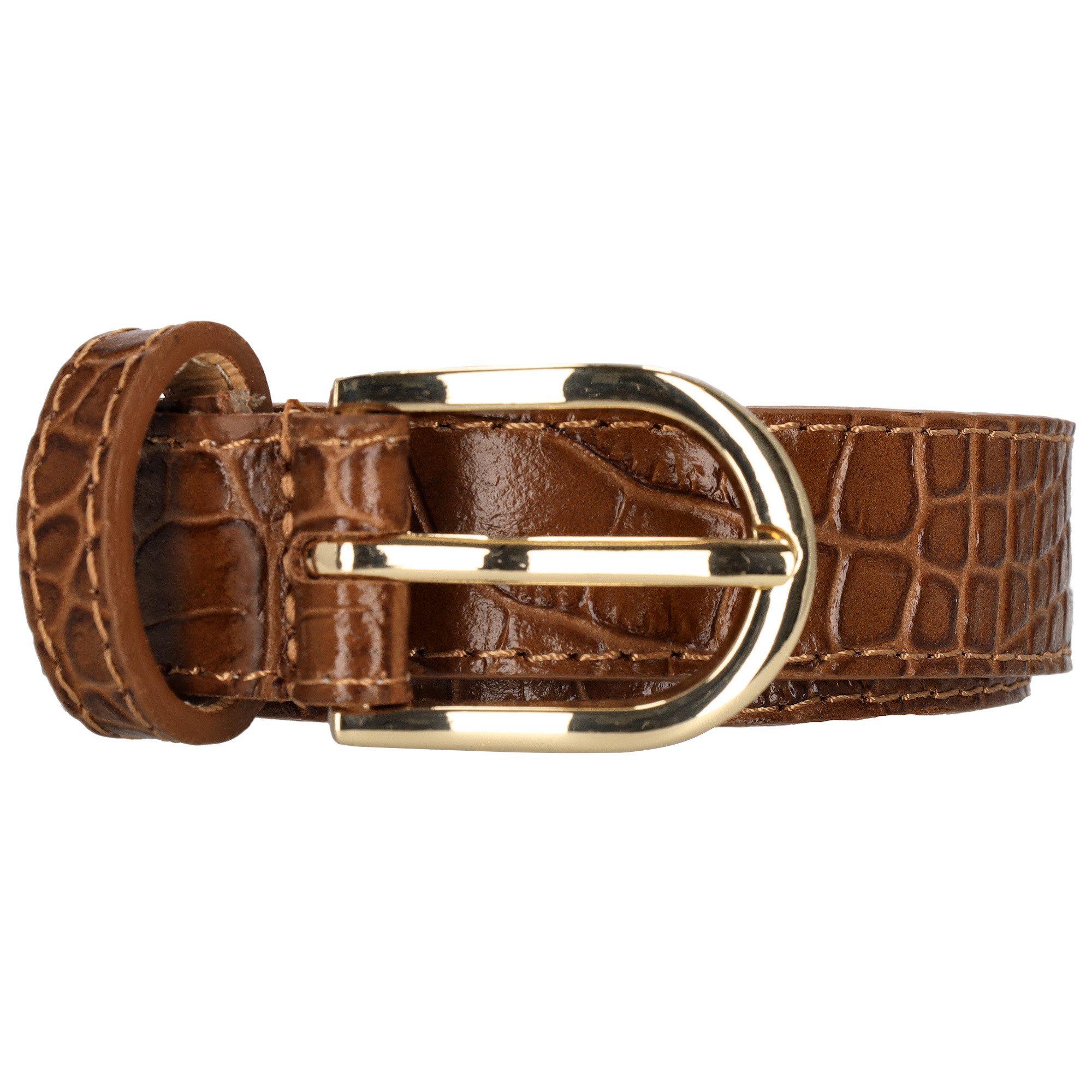 Leder Bazlen Ledergürtel cognacfarben mit Kroko-Prägung – 2,5cm Breit, Gold-Ovale Schließe