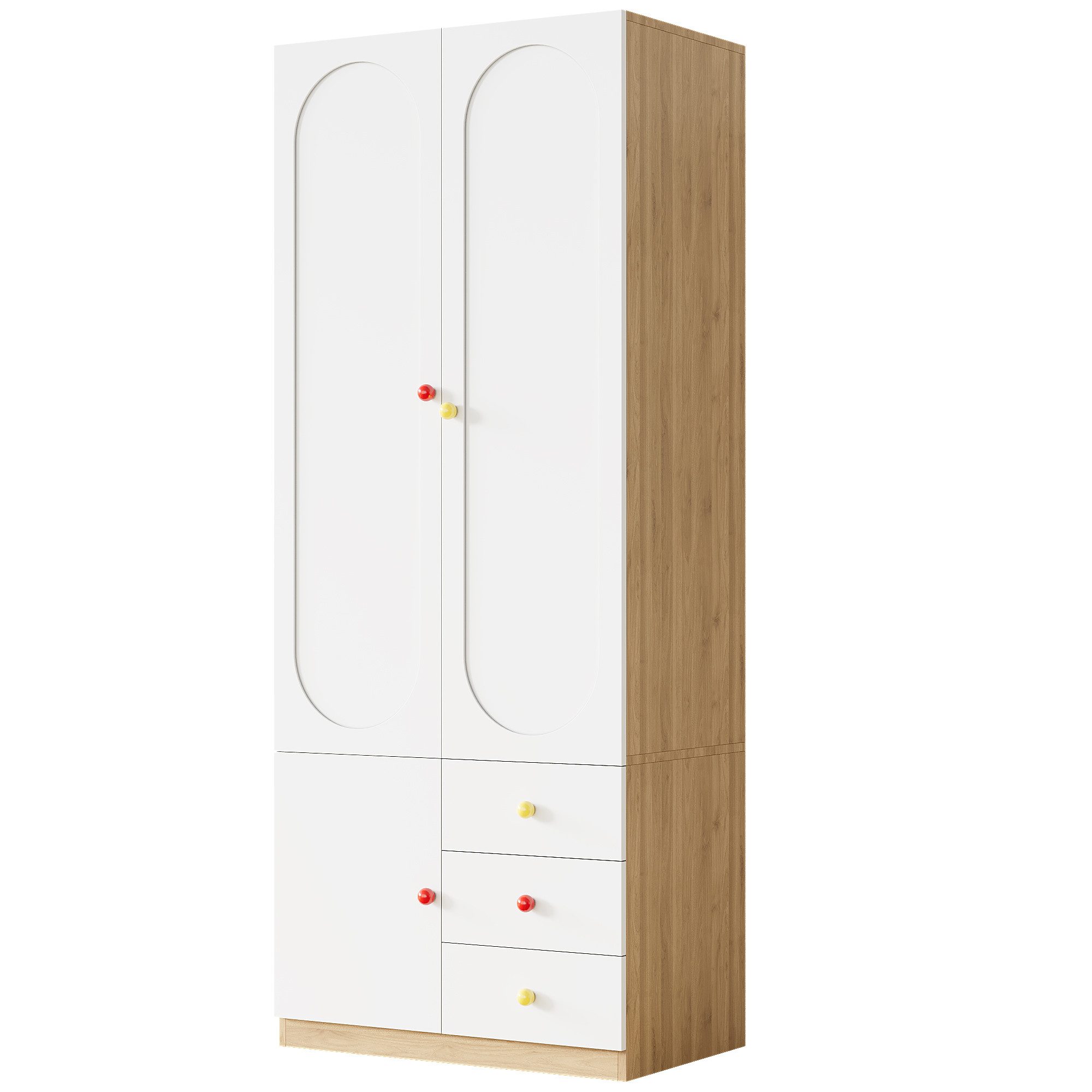 Merax Kinderkleiderschrank Kinder-Kleiderschrank, 3-türiger Kleiderschrank (1-St., mit 3 Schubladen) Kinderzimmer, Kinderzimmermöbel, Kleiderstange, Bunte Keram – Bild 5 von 5