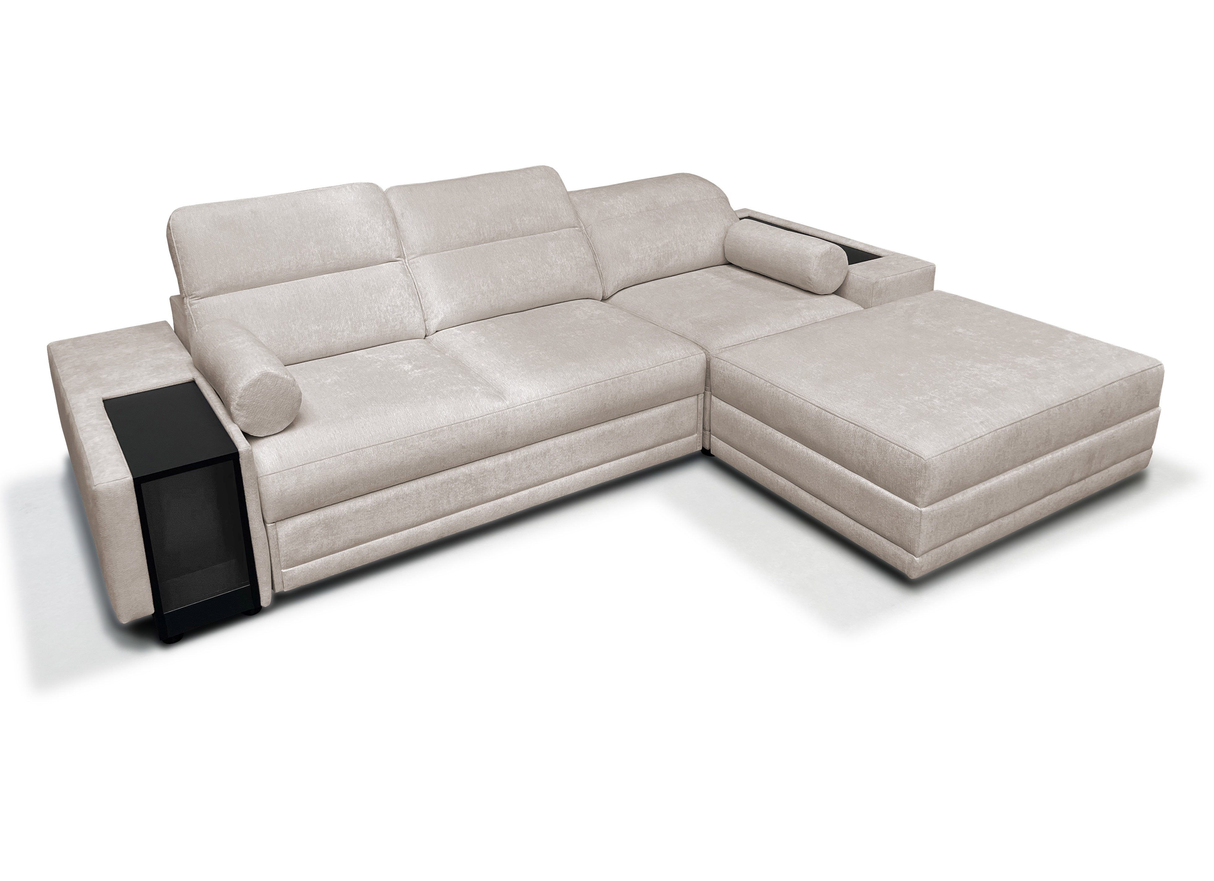 Möbel für Dich Ecksofa Enzo 1 als L-Sofa oder Sofa mit freistehendem Hocker aufstellbar, mit Schlaffunktion, Bettkasten, Minibar und verstellbaren Kopfstützen