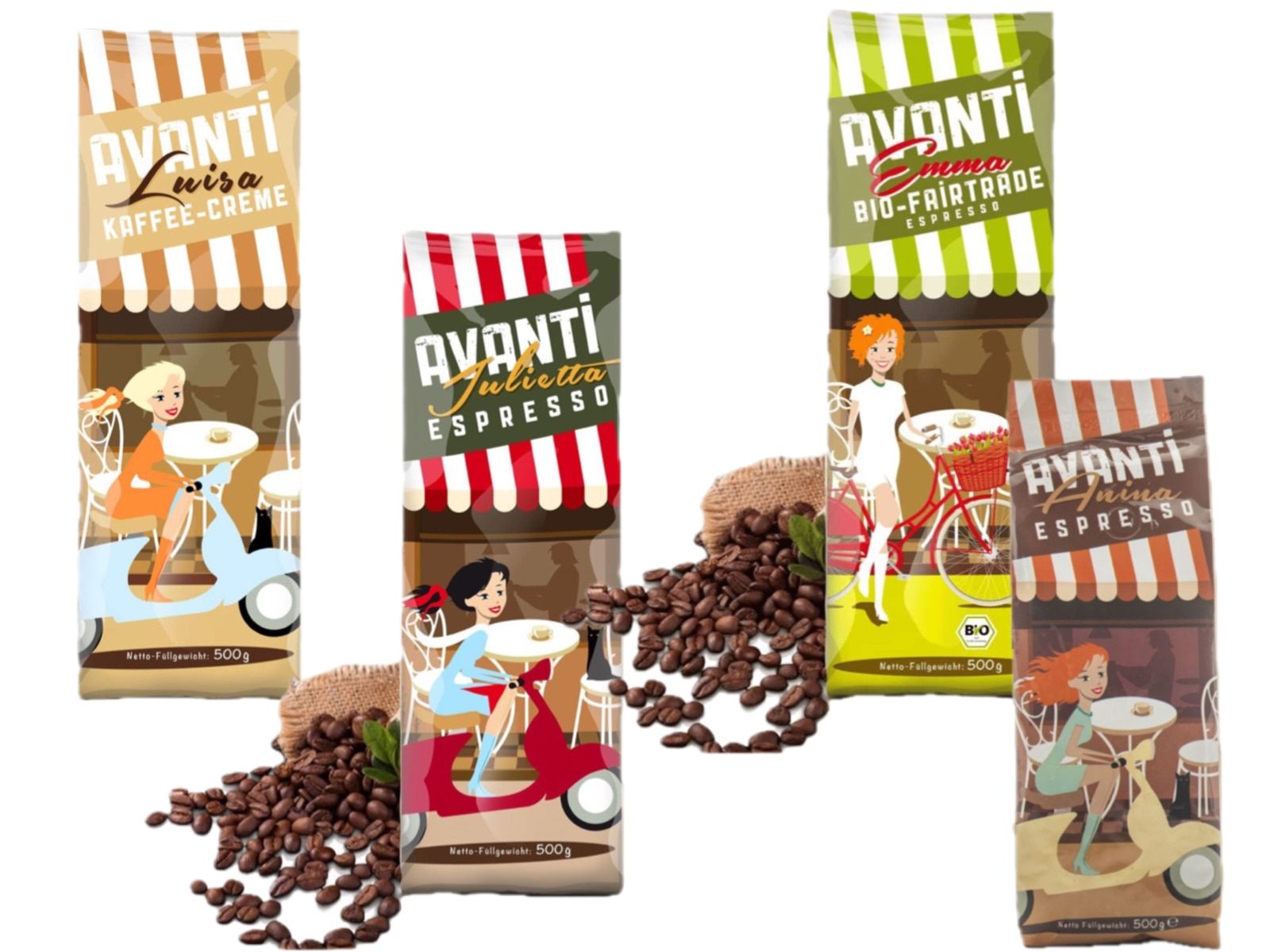 LK Trend & Style Kaffee AVANTI Kaffeebohnen Sortimentspaket, 4 x 500 g, (Frisch geröstet ANINA, EMMA, JULIETTA und LUISA, 4 x 500g, Espresso und Kaffee Crème), Für jeden Geschmack etwas dabei, probiere es einfach aus