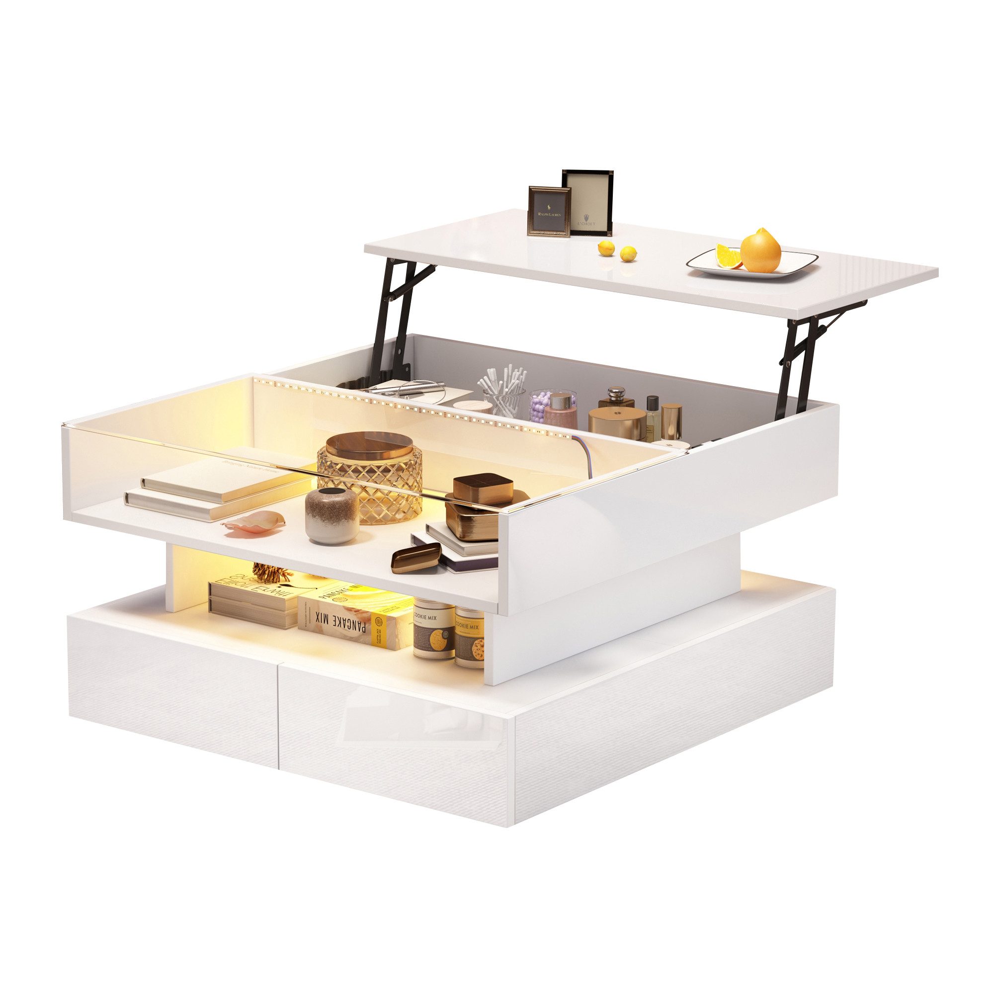 Merax Couchtisch höhenverstellbar Sofatisch Hochglanz Beistelltisch mit LED-Beleuchtung (80 x 80 x 45 cm, 1-St., Tischplatte aus gehärtetem Glas und Spanplatte), Wohnzimmertisch mit 2 Schubladen, verstecktem Stauraum und Ablagefach
