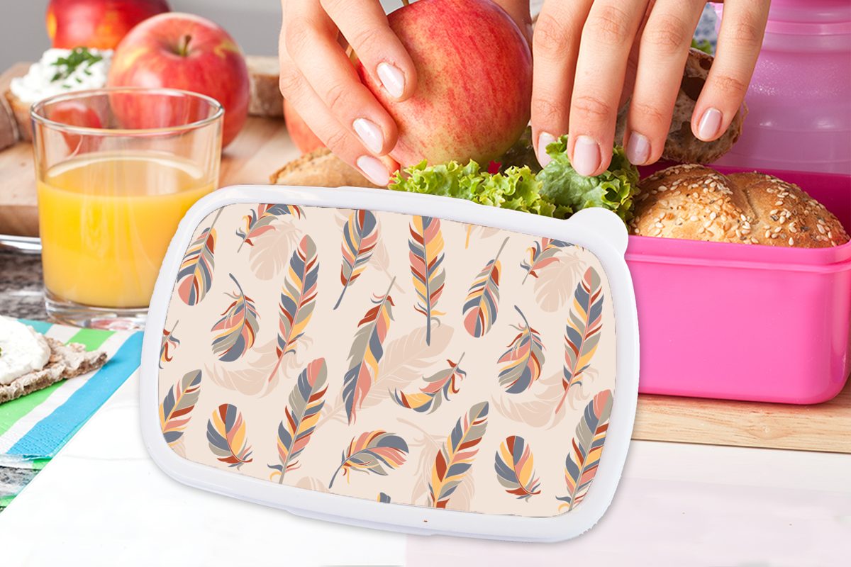 MuchoWow Lunchbox Federn - rosa Brotbox Kinder, Federn (2-tlg), - für Snackbox, Erwachsene, Brotdose Pastell, Mädchen, Muster Kunststoff, - Kunststoff