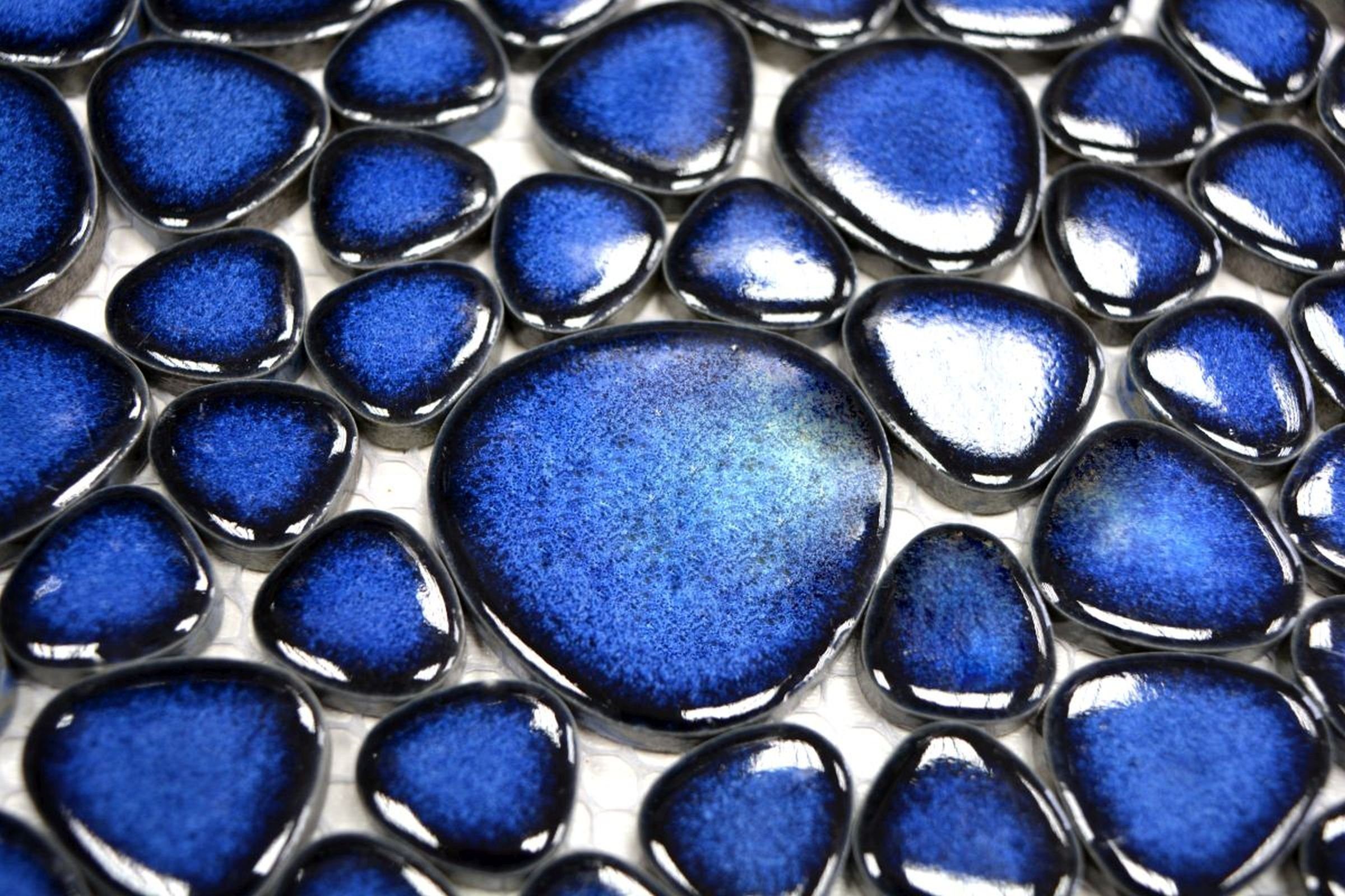 Mosani Mosaikfliesen Fliesenspiegel Keramikdrops blau Pebbles glänzend Kieselmosaik