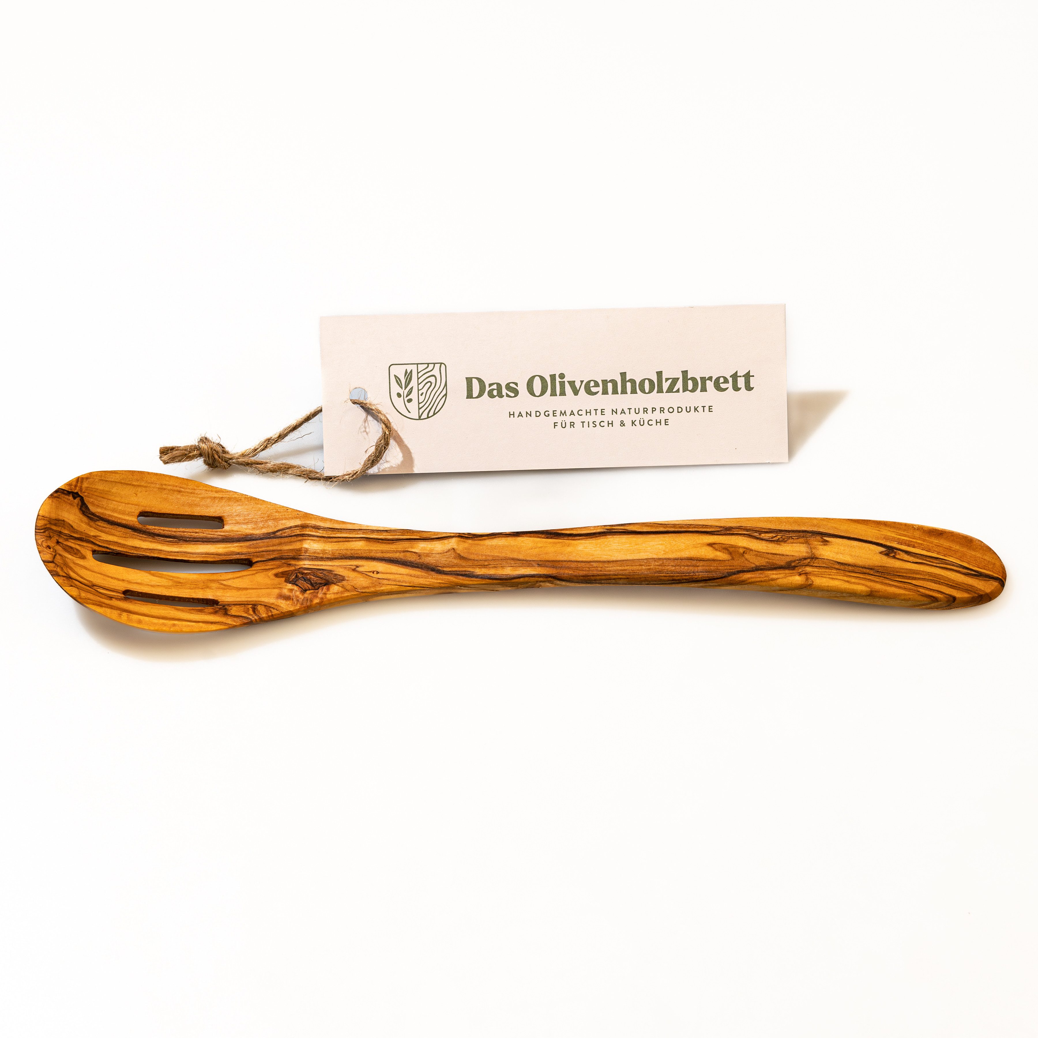 dasOlivenholzbrett Seihlöffel Löffel aus Olivenholz mit Schlitz, runder Kopf