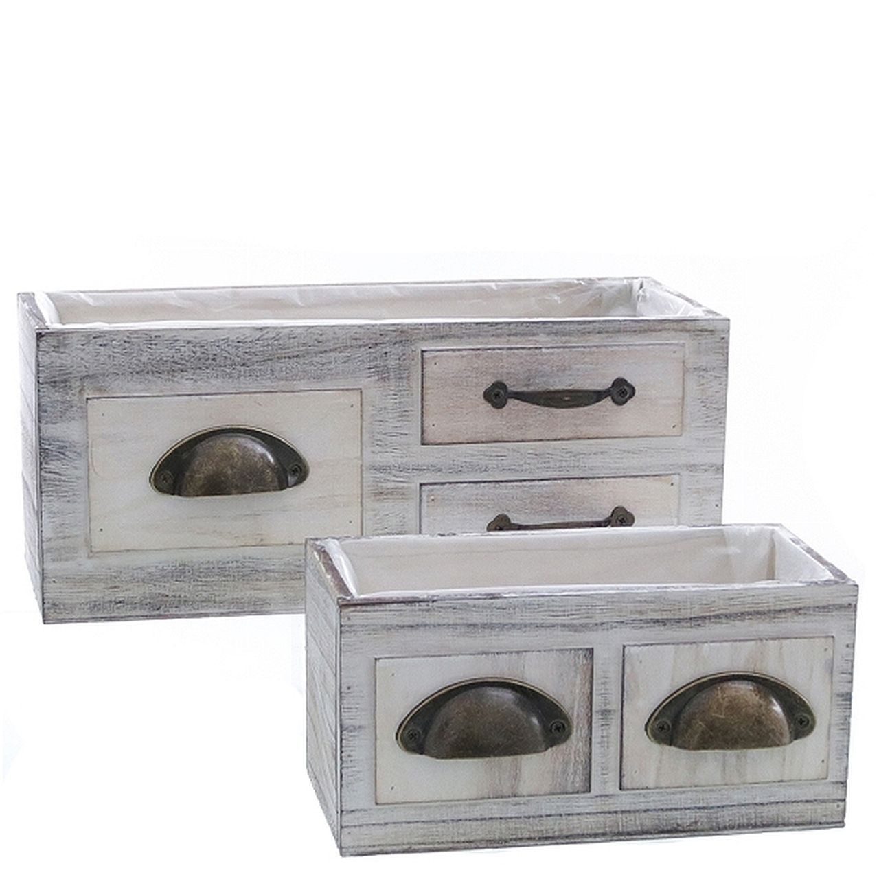 Dragimex Blumenkasten Holzschachteln 2er Set weiß gewischt mit Folie und Metallgriff (Spar-Set, 2er-Set)