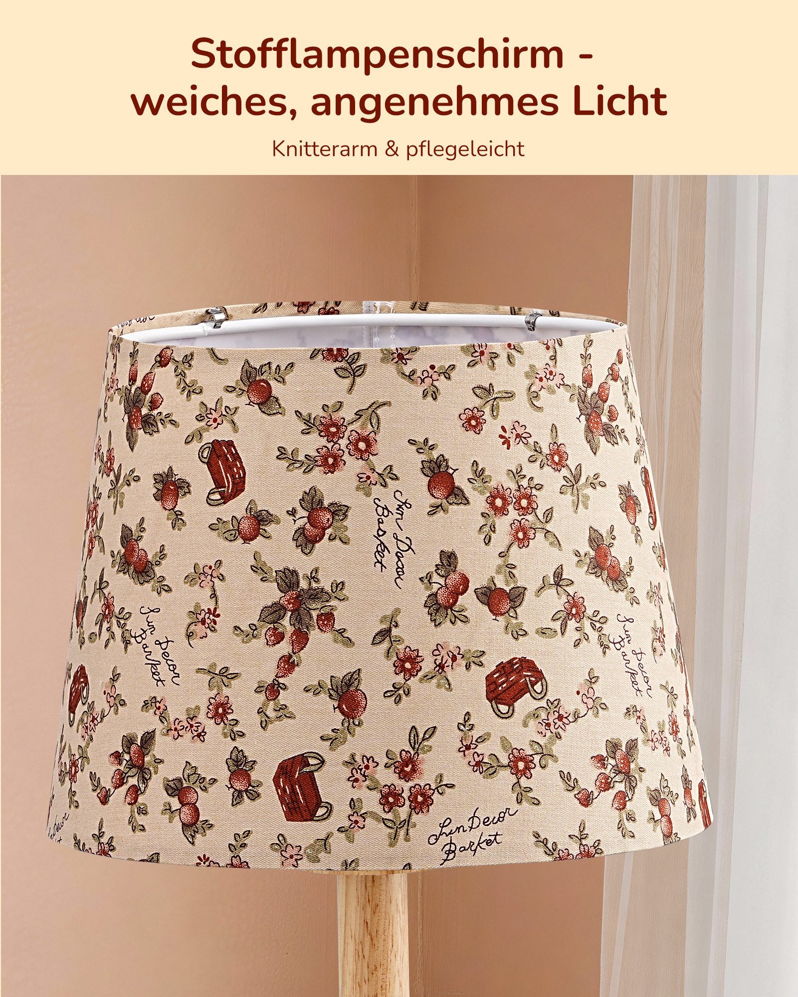 EDISHINE Nachttischlampe Landhaus Stoffschirm mit Vintage-Blumenmuster, LED wechselbar, 2700K Warmweiß, Tischlampe mit Massivholzsockel, 2700K Warmweiß, inkl. 4W LED