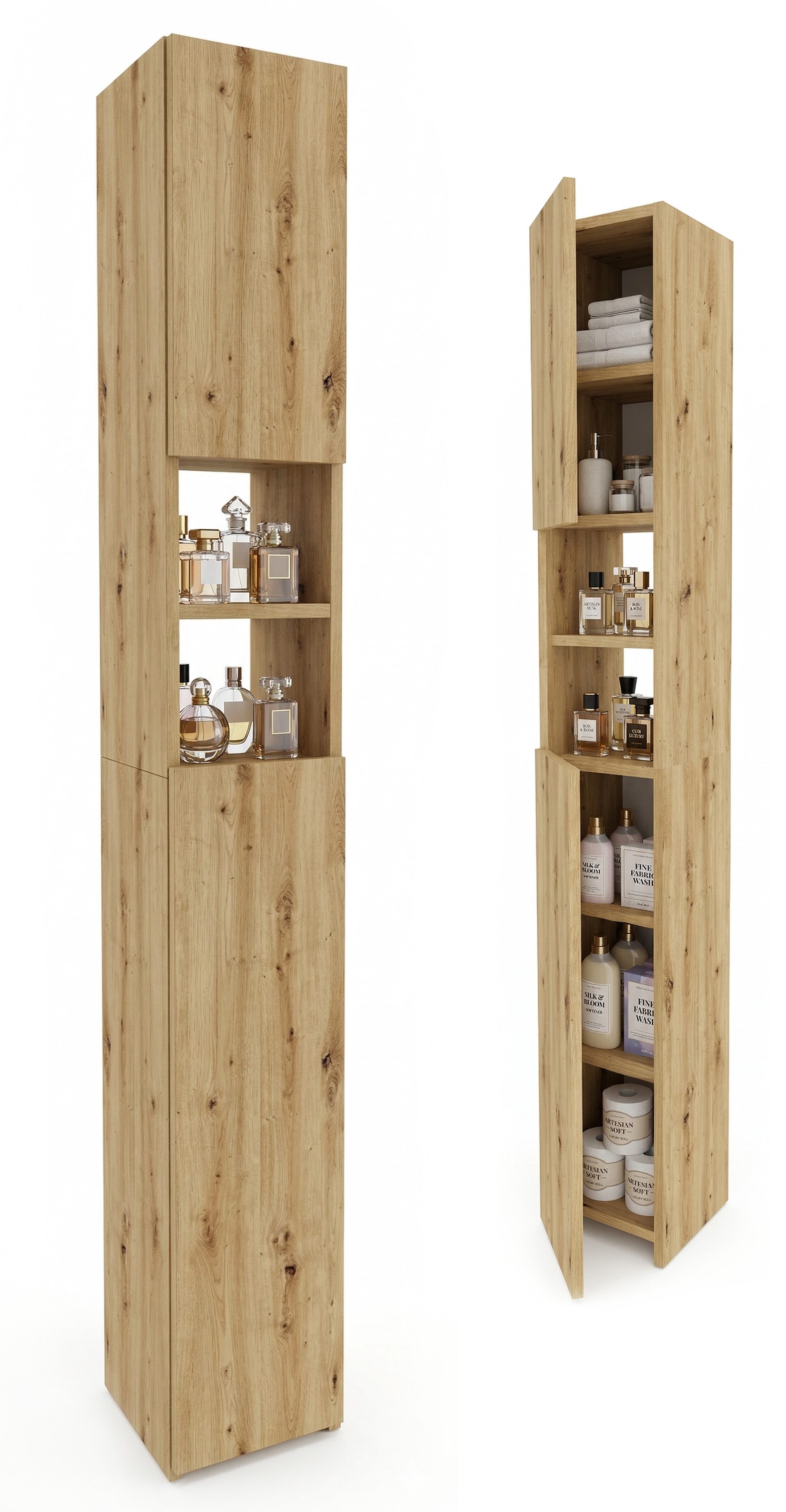 TREND WERK Hochschrank Badschrank schmal stehend B24 x T31 x H172 cm (Schmaler Badezimmerschrank mit Regalfächern & Stauraum) Holzoptik, offene & geschlossene Fächer, Standregal Bad, platzsparend