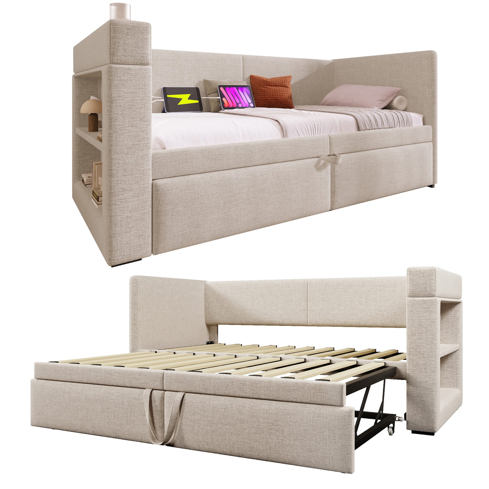REDOM Polsterbett mit ausziehbarem Bett, Leinen-Baumwoll-Material günstig online kaufen