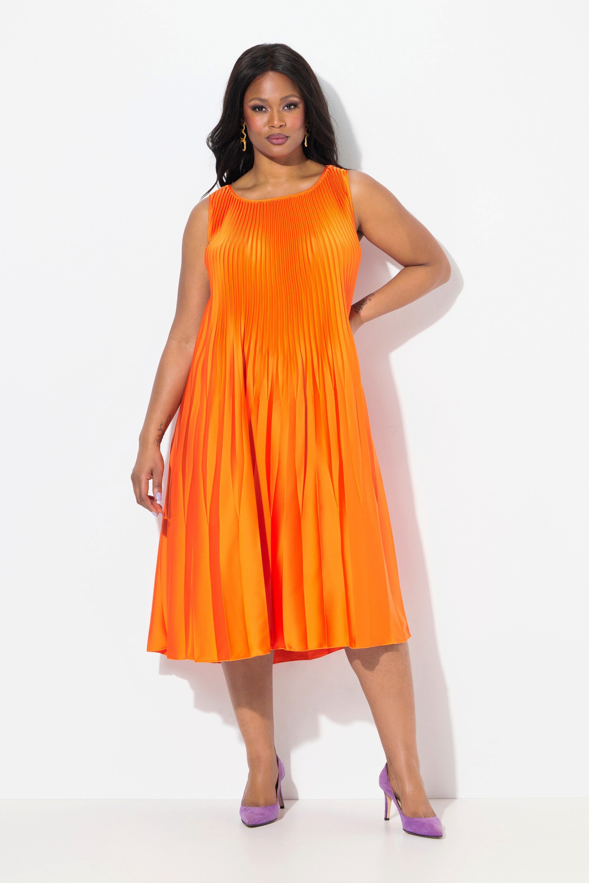 Ulla Popken Midikleid Plissee-Midikleid A-Linie Rundhals günstig online kaufen