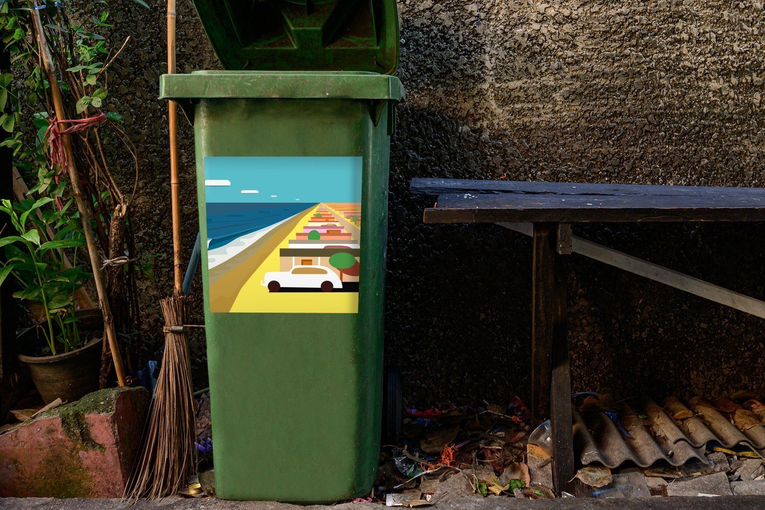 Container, Sticker, Mülltonne, (1 Mülleimer-aufkleber, Illustration amerikanischen Autos von Wandsticker Nähe der in eines Abfalbehälter Strandhäusern MuchoWow St),