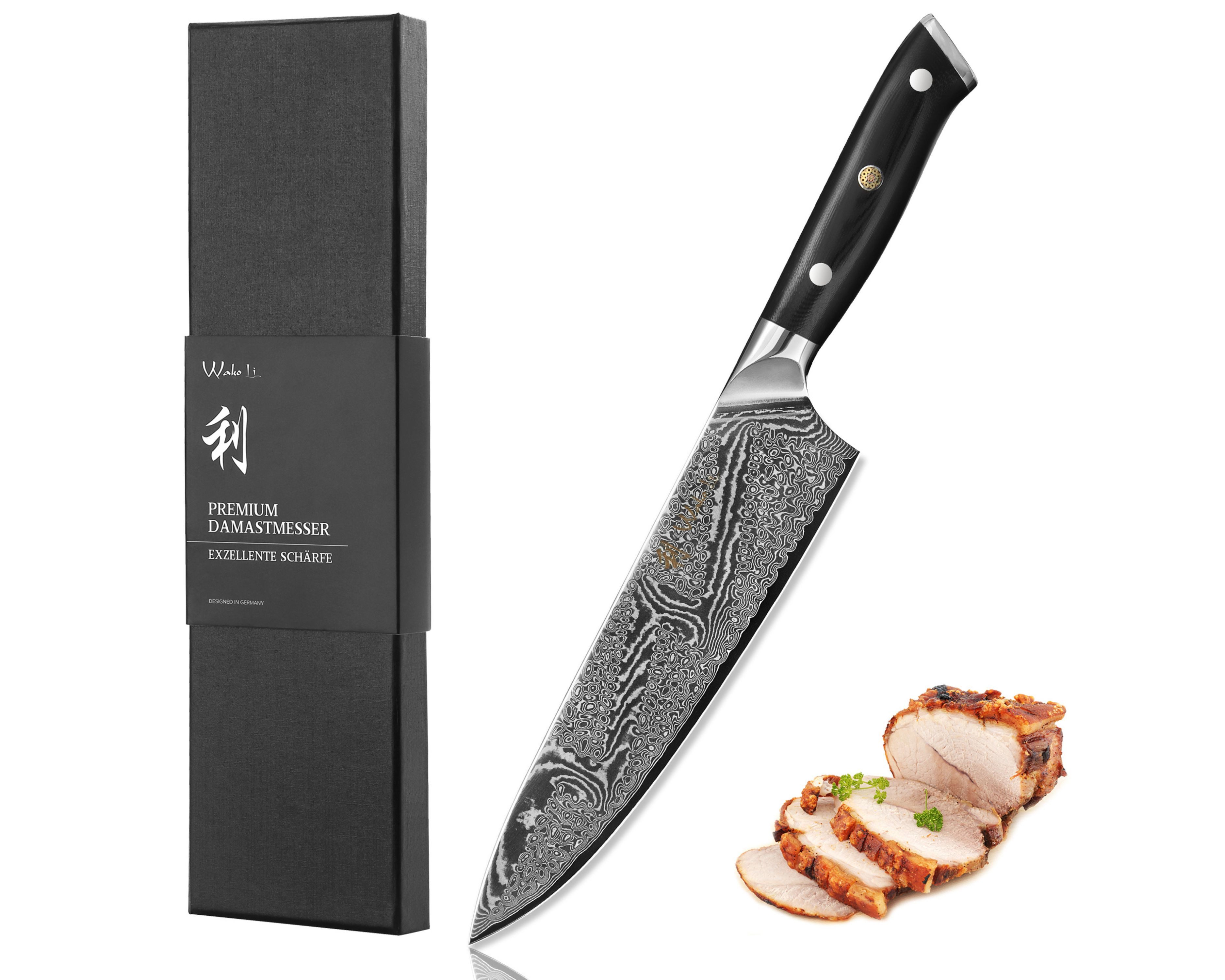 Wakoli Universalküchenmesser Nitoko Damast Chefmesser Küchemesser 20 cm Klinge, G10-Griff Full Tang, aus 67 Lagen Damaststahl, VG10 Kern, Full Tang