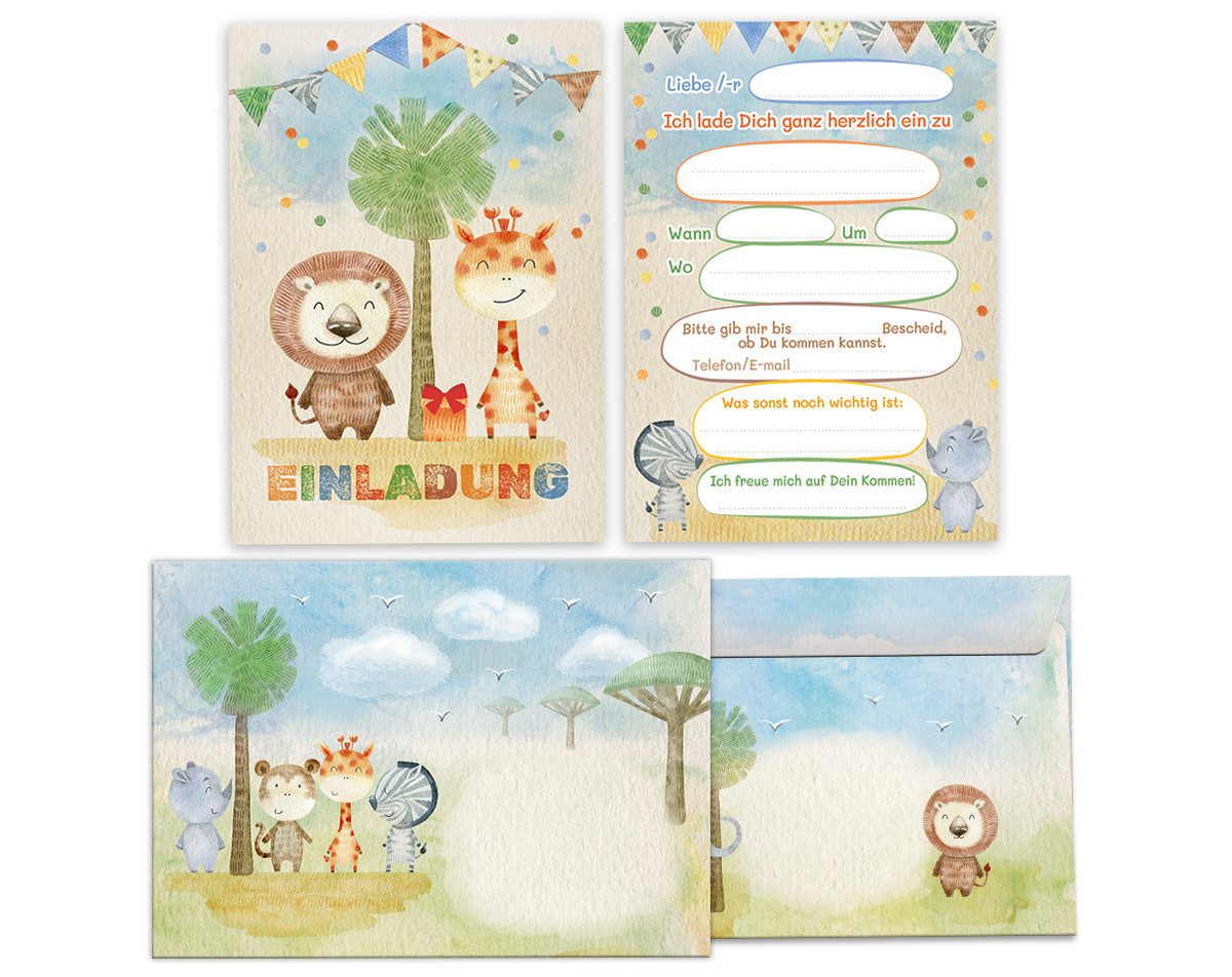 JUNAPACK Пригласительные открытки Löwe zum Kindergeburtstag Einladungen mit Umschlägen Karte Savanne, Пригласительные открытки mit Umschlägen zum Geburtstag Safari Tiere