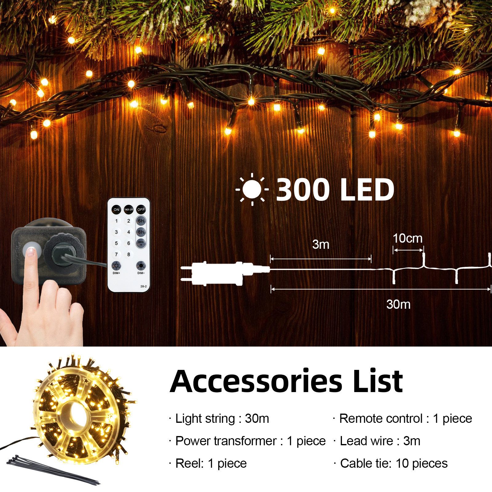 OZAVO LED-Lichterkette LED Weihnachtsbaum Lichterkette mit Fernbedienung, 30M-300 LEDs, 8 Modi, Timer & Memory für Weihnachtsdeko Innen & Außen – Bild 5 von 5