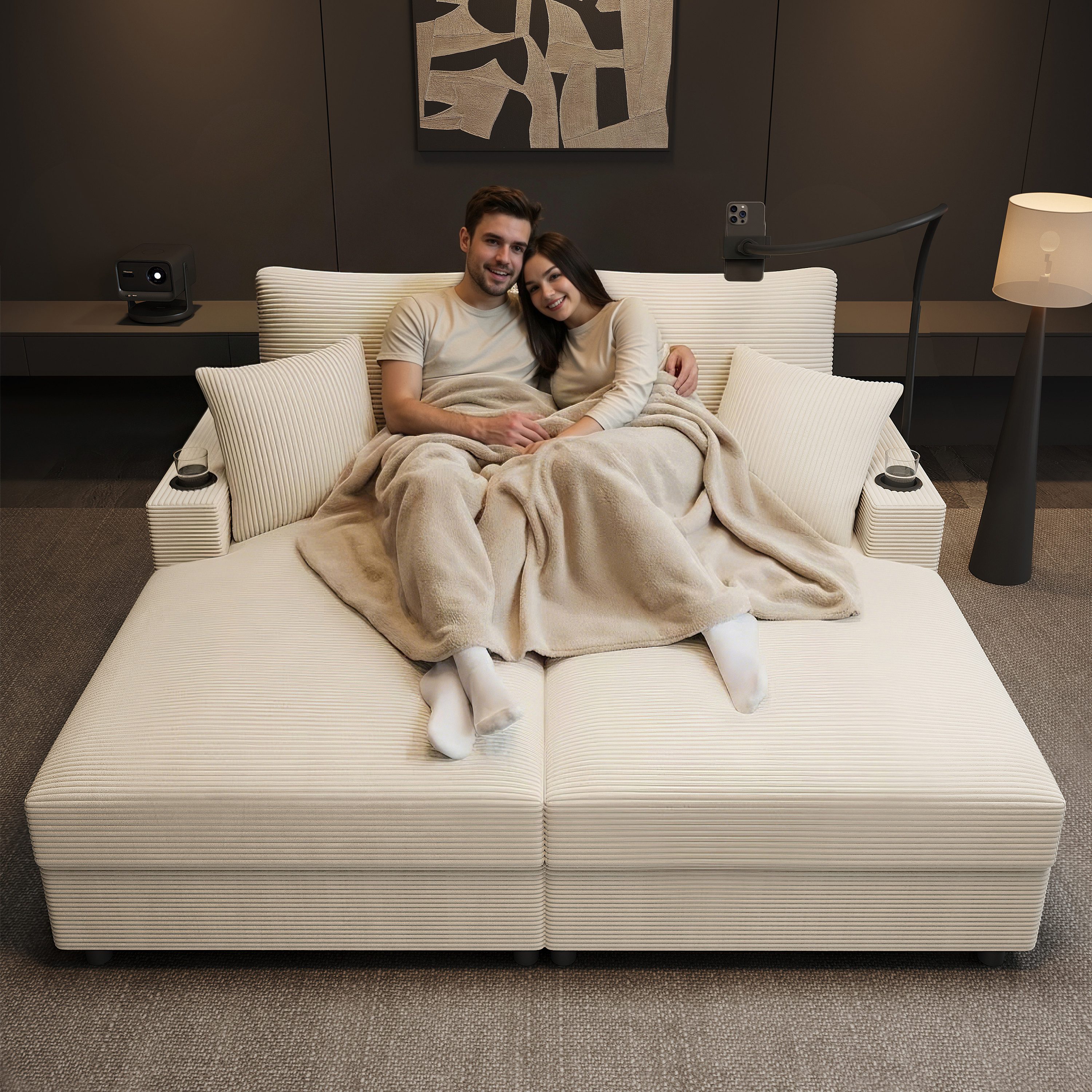 i@home Schlafsofa Doppelschlafsofa mit Schlaffunktion, Mit Handyhalterung, USB-Anschluss und Getränkehalter, 163*140*82 cm