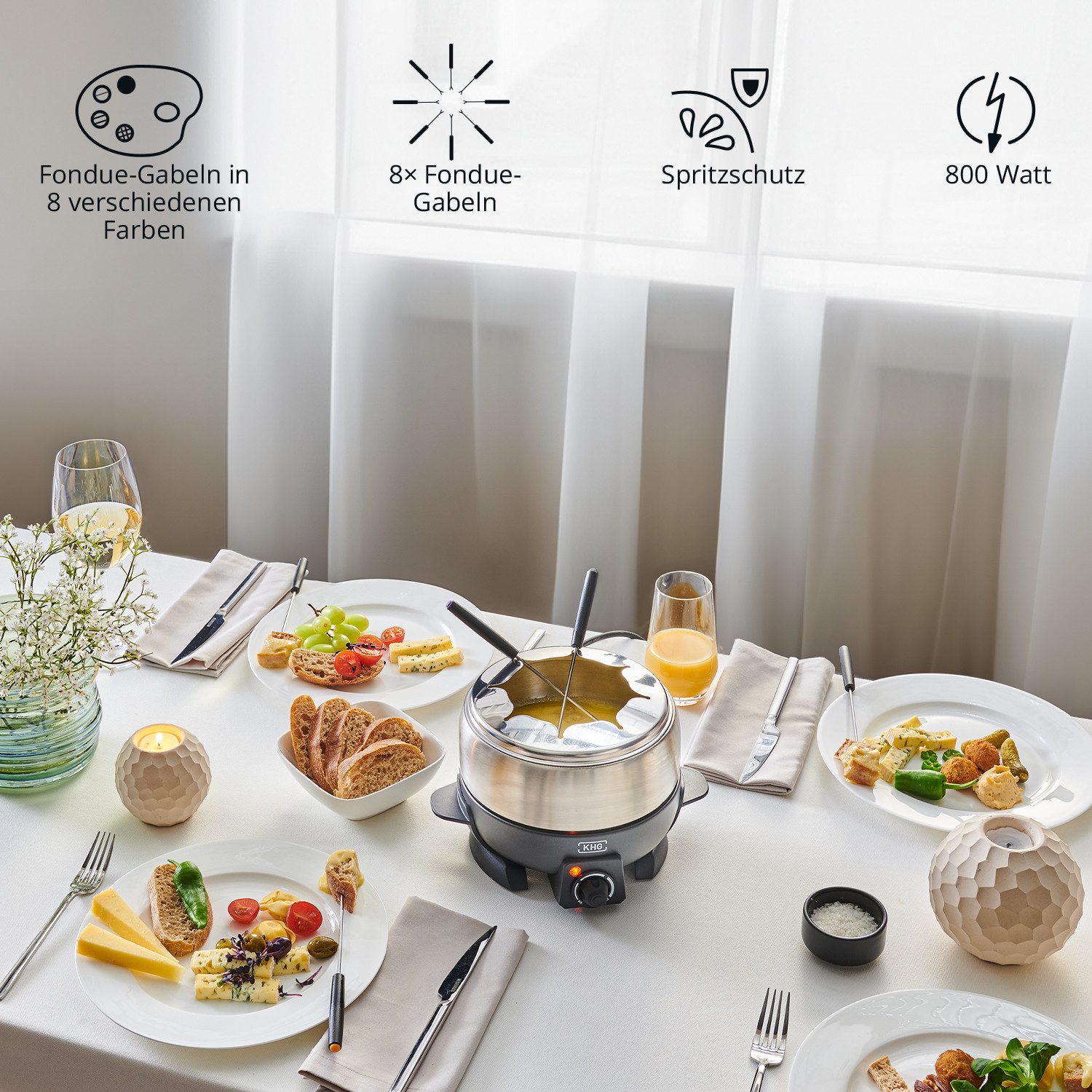 KHG Elektro-Fondue FO-800SE mit Edelstahl-Topf 1,8 L Silber für bis zu 8 Personen