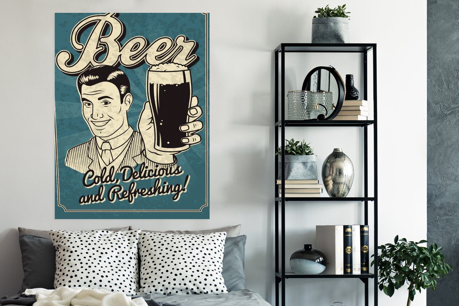 Bier, Deko, Schlafzimmer, (1 Vintage-Illustration Papier Wohnzimmer, Wandbild, MuchoWow Poster Qualitätsdruck St), Dickes