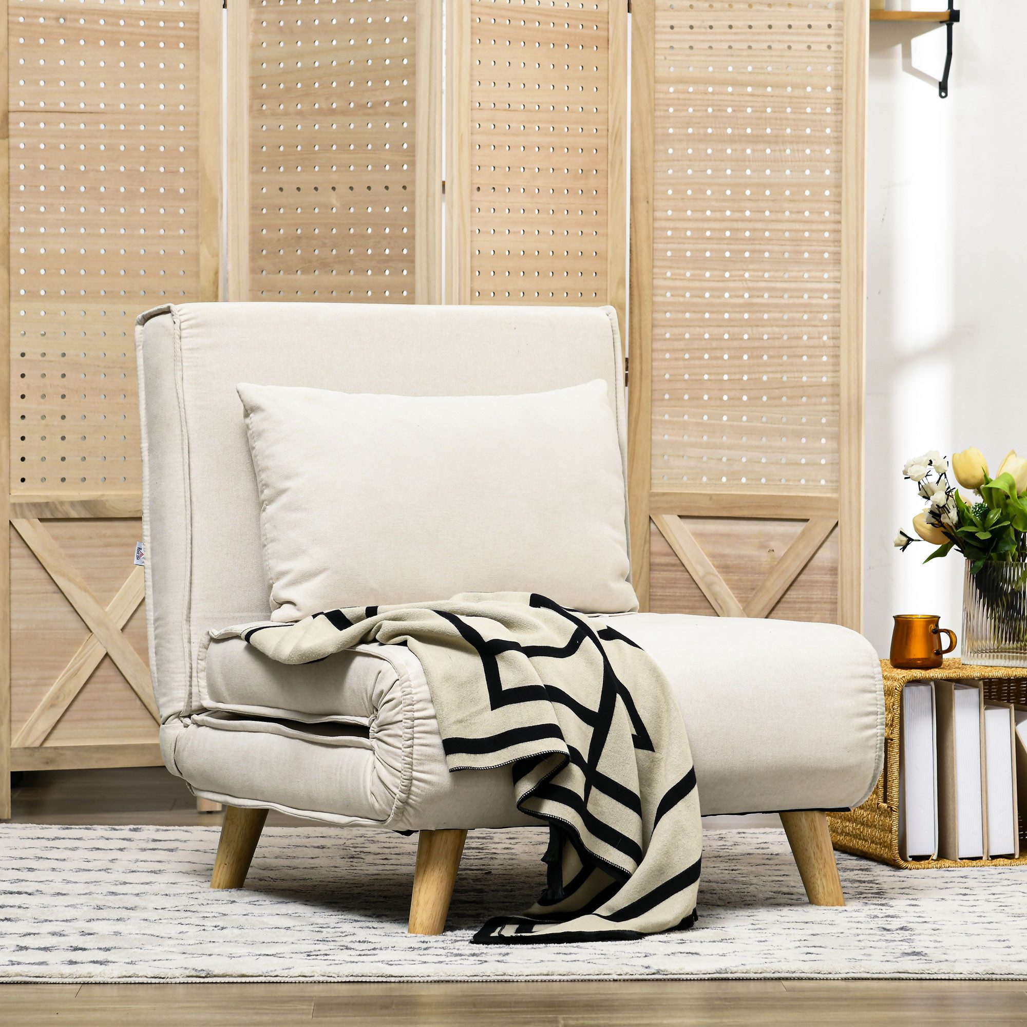 HOMCOM Schlafsofa Schlafsessel klappbar mit Bettfunktion, Gästebett in Leinenoptik, Klappsessel 1 Teile, für Wohnzimmer, Cremeweiß
