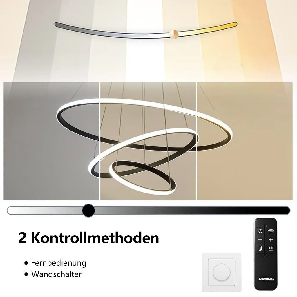 JDONG Pendelleuchte 3 Ringen Moderne LED Hängeleuchte 54W Dimmbar mit Fernbedienung, Warmweiß/Neutralweiß/Kaltweiß, 3 Ringen Hangelampe Hohenverstellbar fur Wohnzimmer Esszimmer
