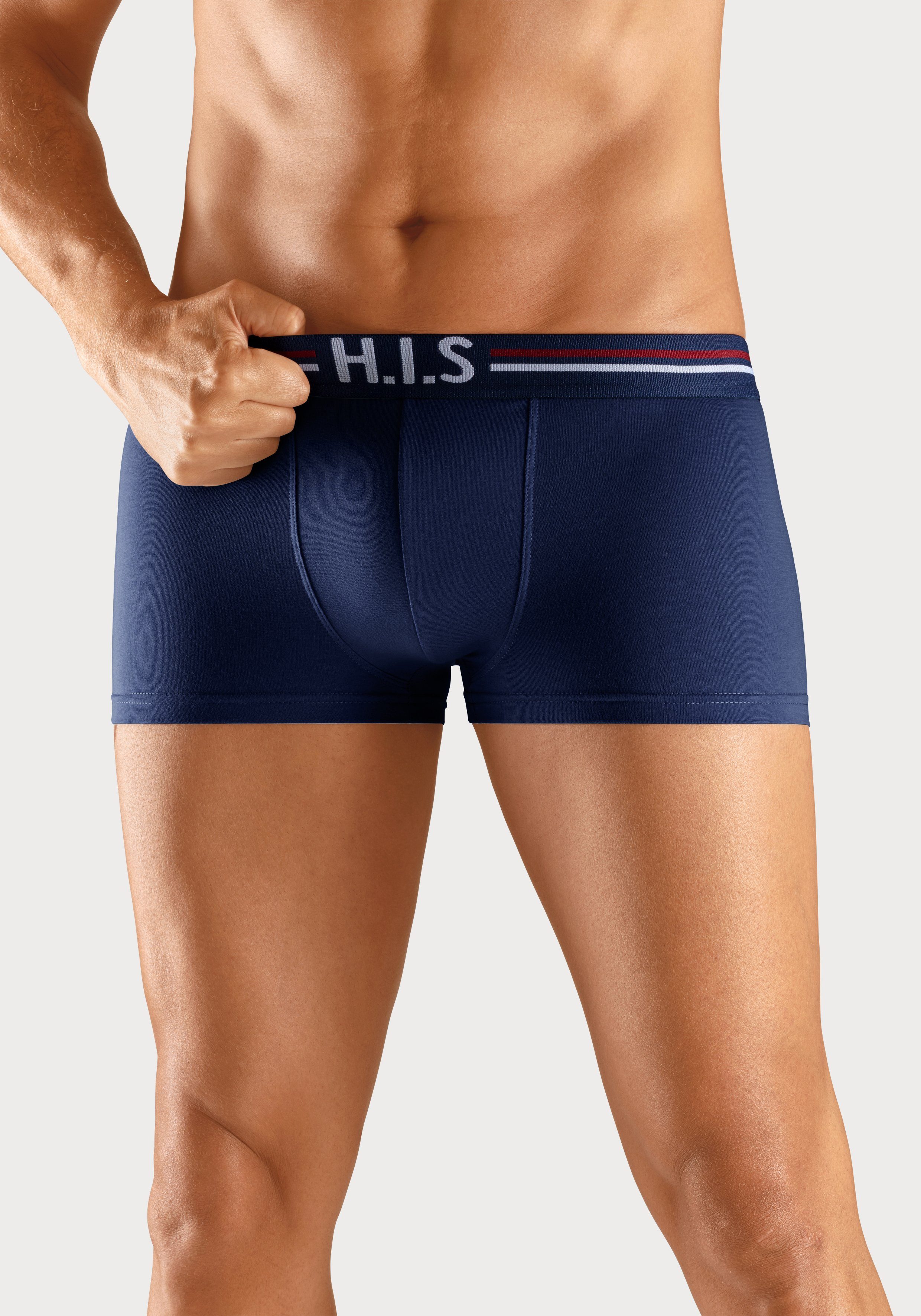 im mit Hipster-Form Streifen Boxershorts blau, navy, (Packung, und Bund 5-St) weiß, H.I.S hellblau, in Markenlogo schwarz