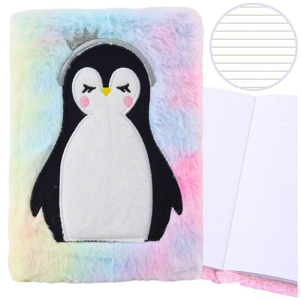 LEAN TOYS Notizbuch Plüschtagebuch Schreibheft Kuschelkladde, Plüscheinband, Pinguin-Motiv, liniert, A5