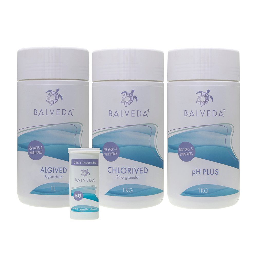 BALVEDA Poolpflege BALVEDA 4 in 1 Wasserpflege-Set für Pool & Whirlpool, (Pflege-Set), 4 Produkte für die Wasserpflege