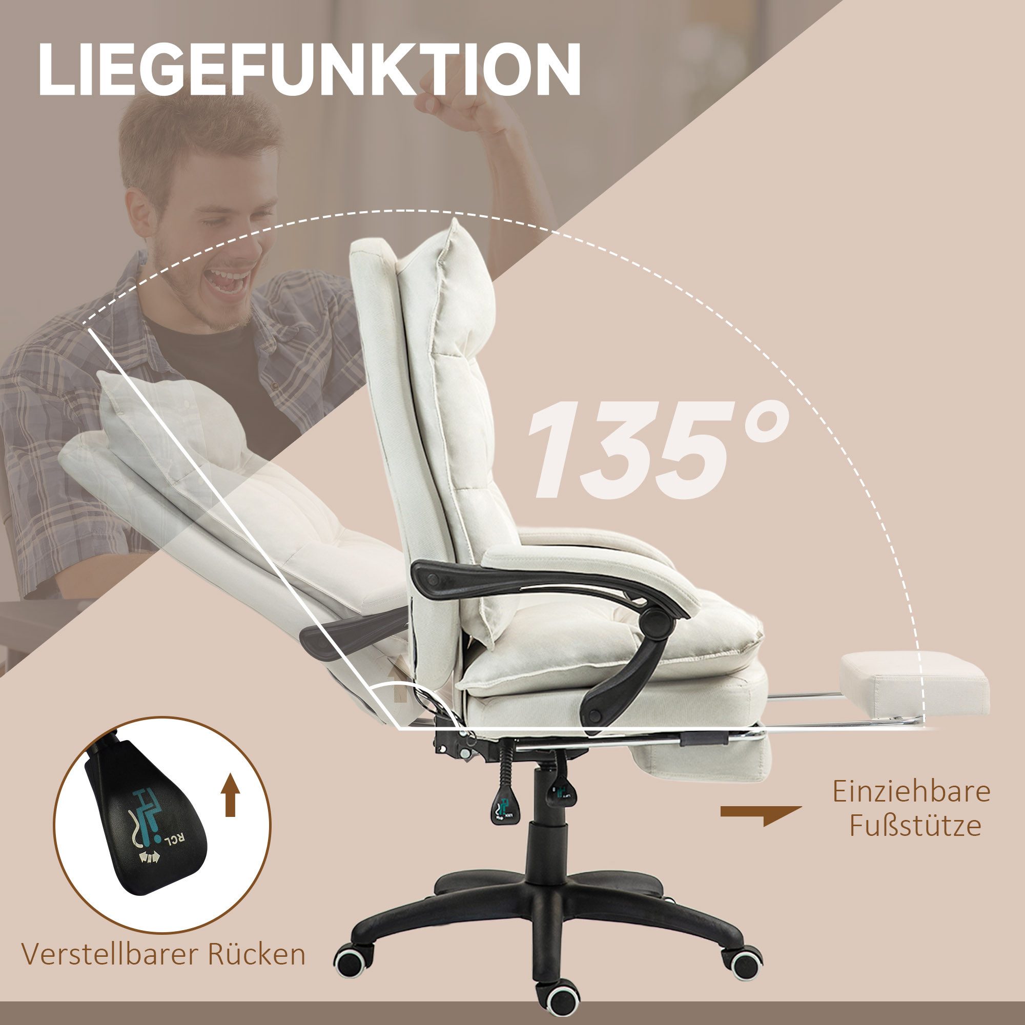 Vinsetto Schreibtischstuhl Chefsessel mit Liegefunktion, höhenverstellbarer Computerstuhl (Bürostuhl, 1 St), für Büro, Cremeweiß – Bild 5 von 5
