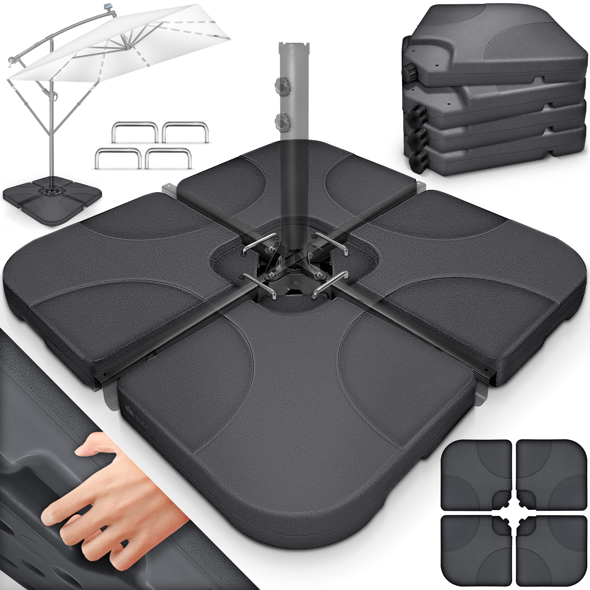 tillvex Sonnenschirm tillvex® Sonnenschirmständer 60L / 80kg Schirmständer Schirmgewicht, Schirmständer Ampelschirmständer wetterfest, inkl. Metallverbinder Schirmgewicht befüllbar, Sonnenschirmständer 60 Liter / 80 kg – 4-teilig für Ampelschirm