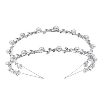 FIDDY Diadem Braut Kopfschmuck Haarreifen,Künstliches Perlen-Braut-Tiara, (1-tlg), zweireihiges Diamant-Perlen-Stirnband,Durchmesser-13 cm,Silber