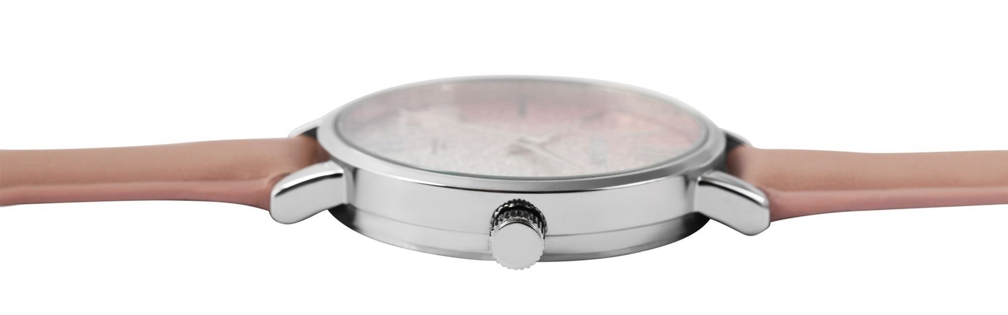 silberfarbig Damen Glitzer Armbanduhr mit AKZENT Lederimitationsband Quarzuhr Galina