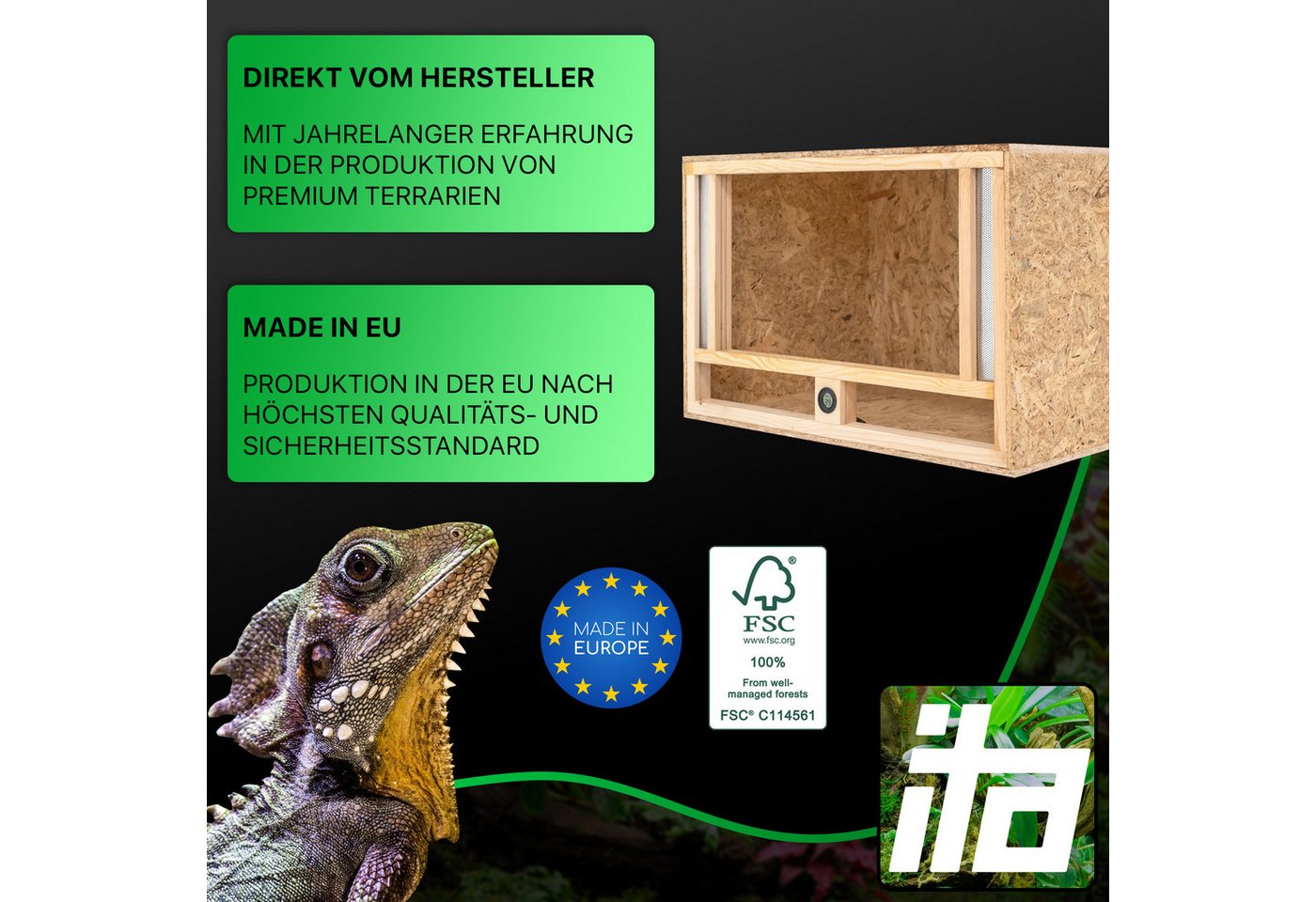 Thumbnail - ITA Terrarium Holz Terrarium 80х50х50 mit Frontbelüftung & Integriertem Hygrometer, Holzterrarium aus OSB - Terrarien fü...
