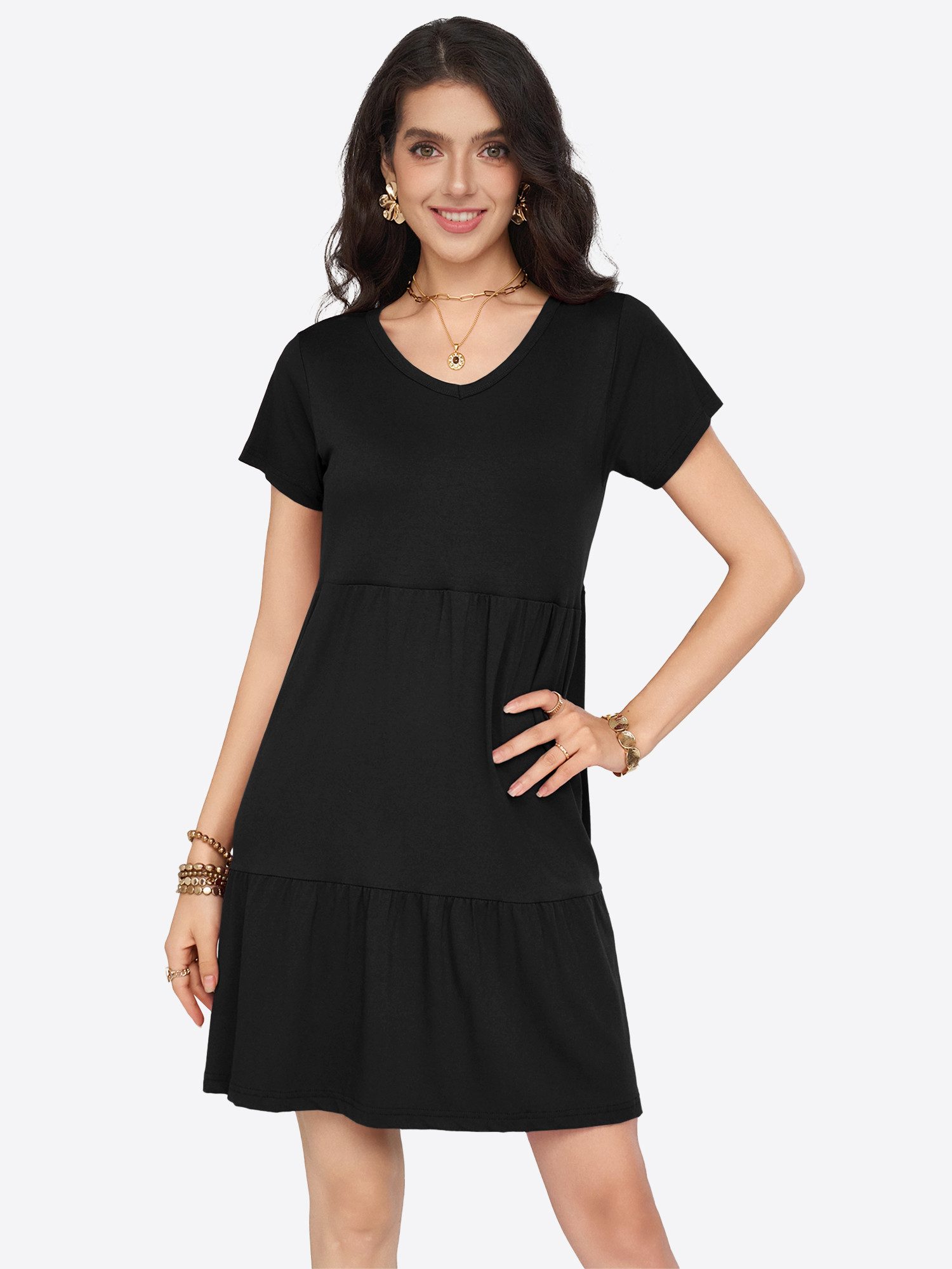 Imily Bela Babydollkleid Damen Kurzarm Minikleid mit Rüschensaum (Packung, 1-tlg., 1per-Pack) A-Linien-Schnitt