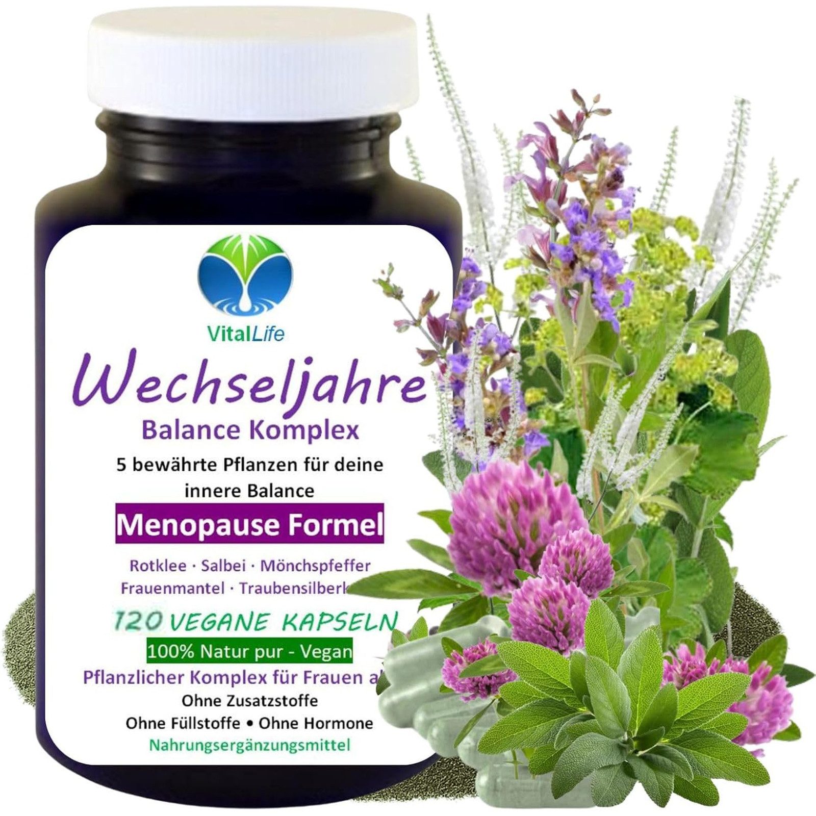 VitalLife Wechseljahre Komplex Menopause Formel OHNE Zusatzstoffe VEGAN Kapseln, 1 er Dose à 120 St., 60 g, Art. 27420-120