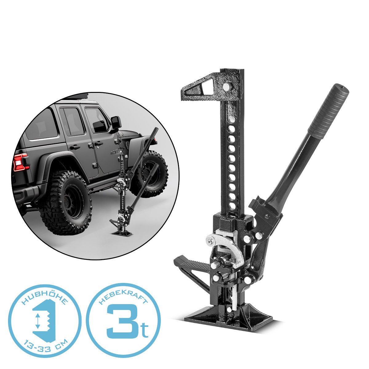 Wagenheber Zahnstangenheber 20" mit 3 t Tragkraft und 13-33cm