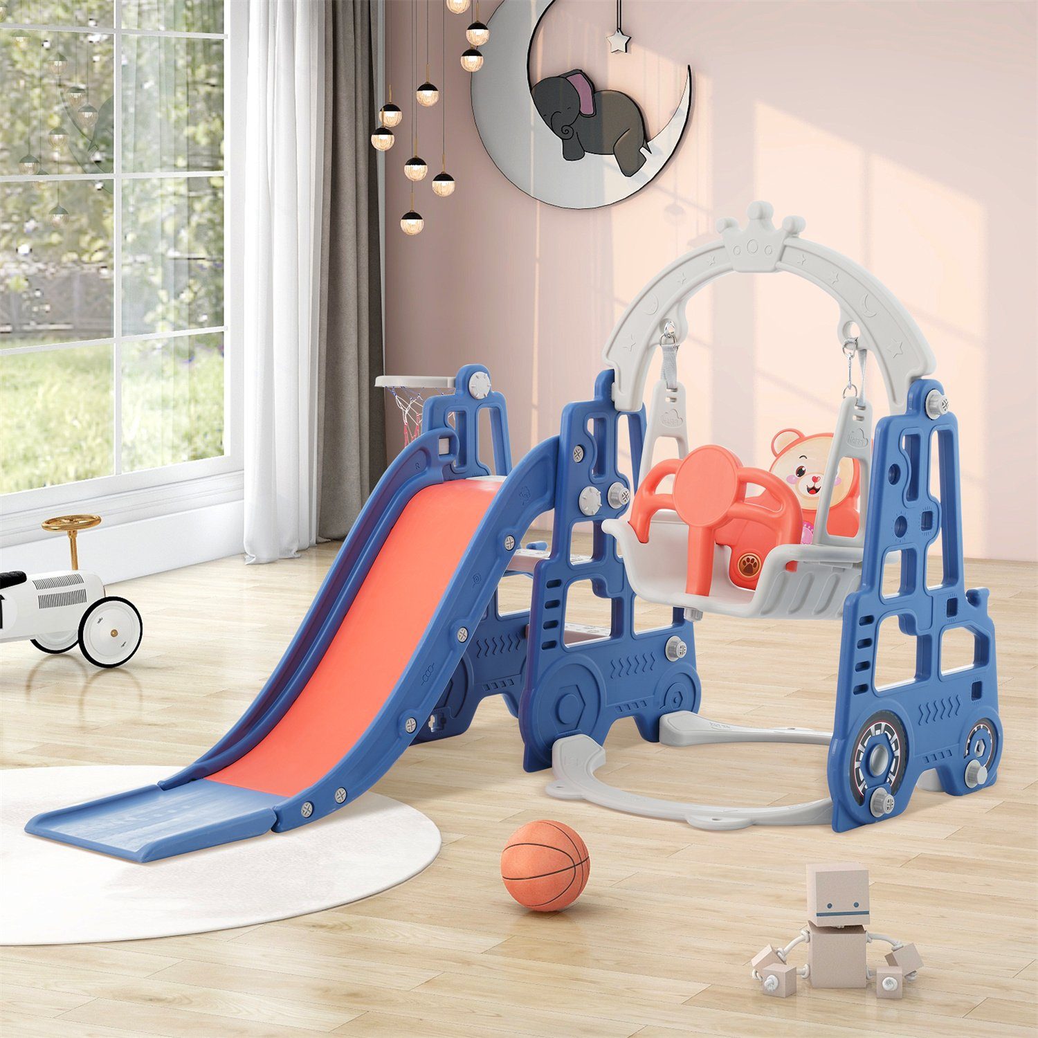 Fangqi Indoor-Rutsche 4-in-1-Kinderrutsche set,Kinderspielzeug, Weihnachtsgeschenke, (mit Klettern, Schaukel, Basketballkorb), Freistehende Rutsche für Jungen und Mädchen Blau