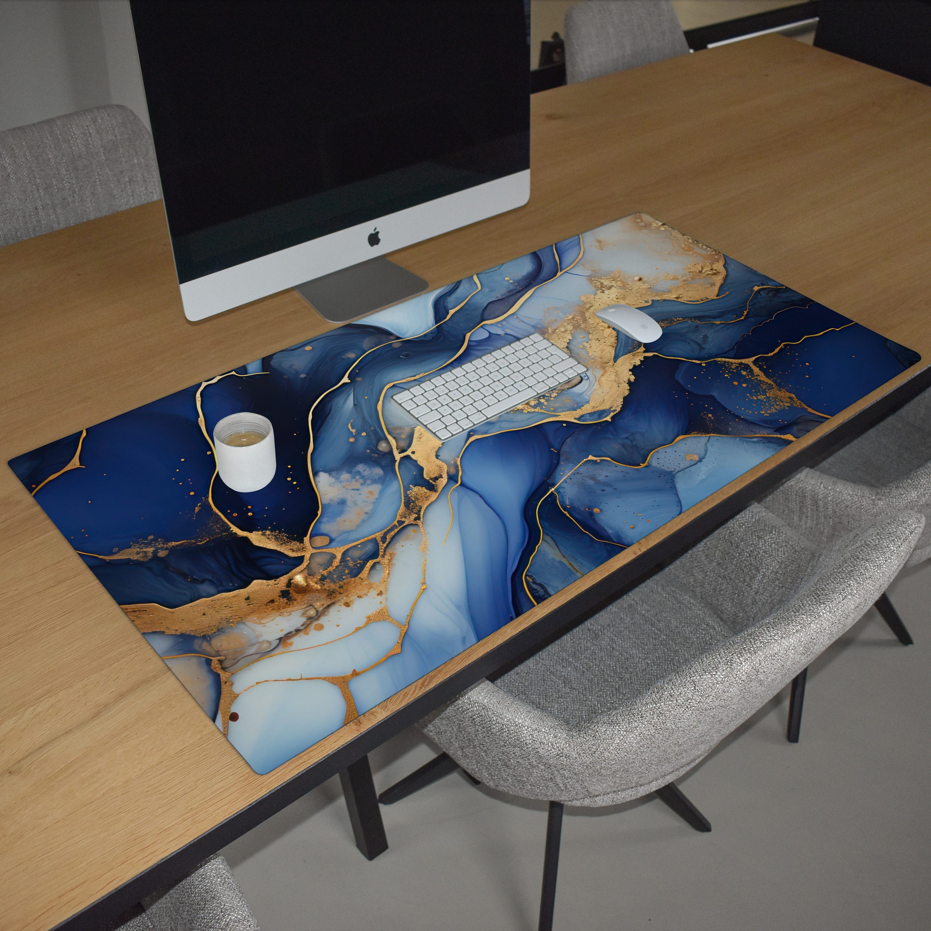 MuchoWow Gaming Mauspad Marmor - Blau - Gold - Abstrakt (1-St), Gaming Mauspad XXL, Schreibtischunterlage, Gaming Zubehör, 120x60 cm
