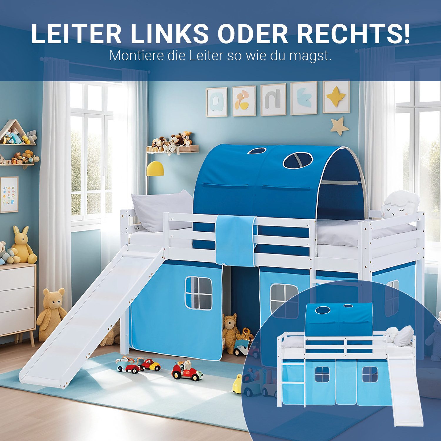 Homestyle4u Hochbett mit Rutsche 90x200 Kinderbett Jungen Kiefer Weiß Blau Treppe Vorhang (Komplett-Set mit Lattenrost, mit Rutsche, mit Tunnel, Matratze mit OEKO-TEX® Standard 100) mit Rausfallschutz, Junge Spielbett