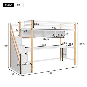 HAUSS SPLOE Hochbett 90*200 mit Stauraumtreppe, Schreibtisch und Regalen, natur und weiß Ohne Matratze