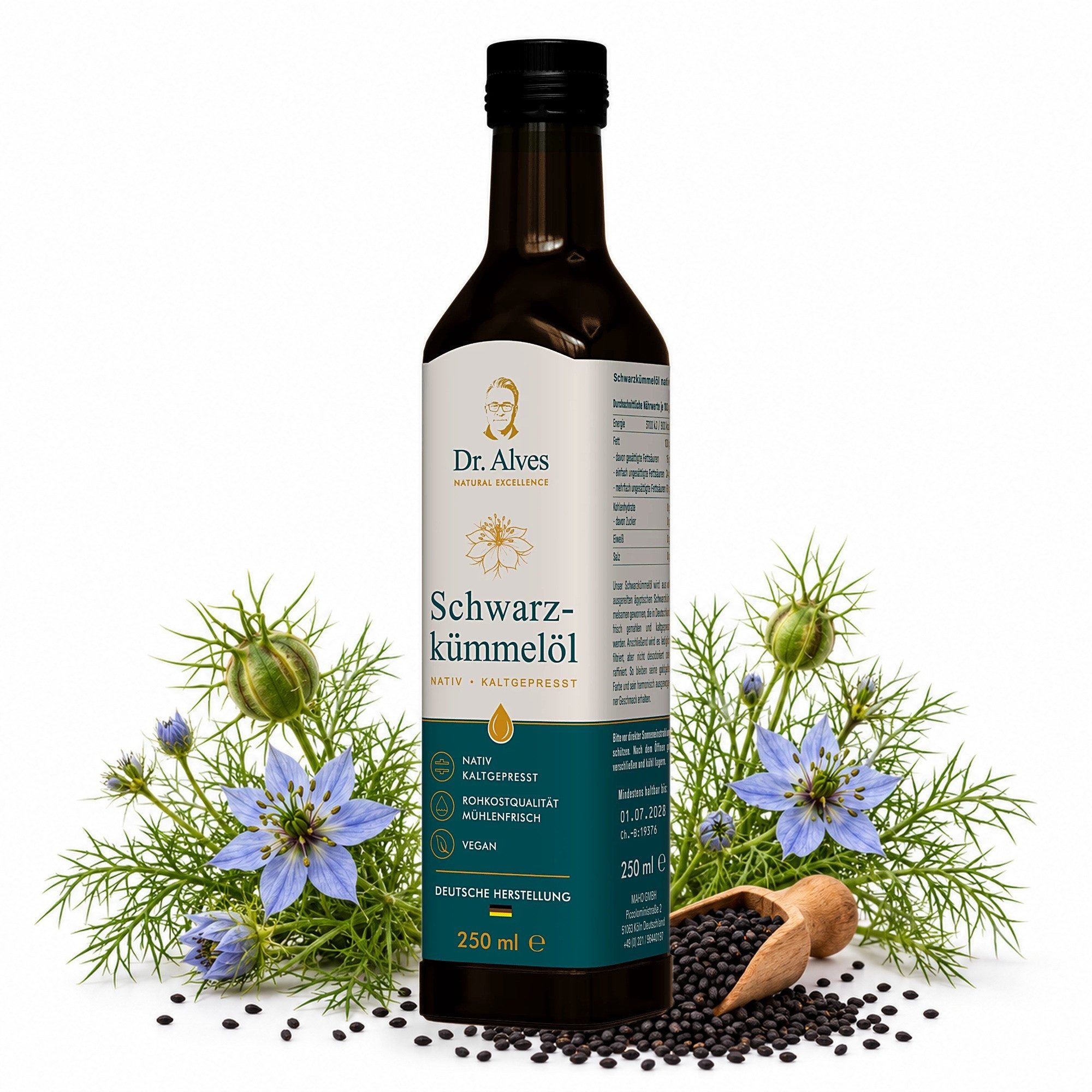 Dr. Alves Speiseöl Schwarzkümmelöl nativ, kaltgepresst & mühlenfrisch, 1 x 250 ml, mild & goldgelb, mit Dosierausgießer