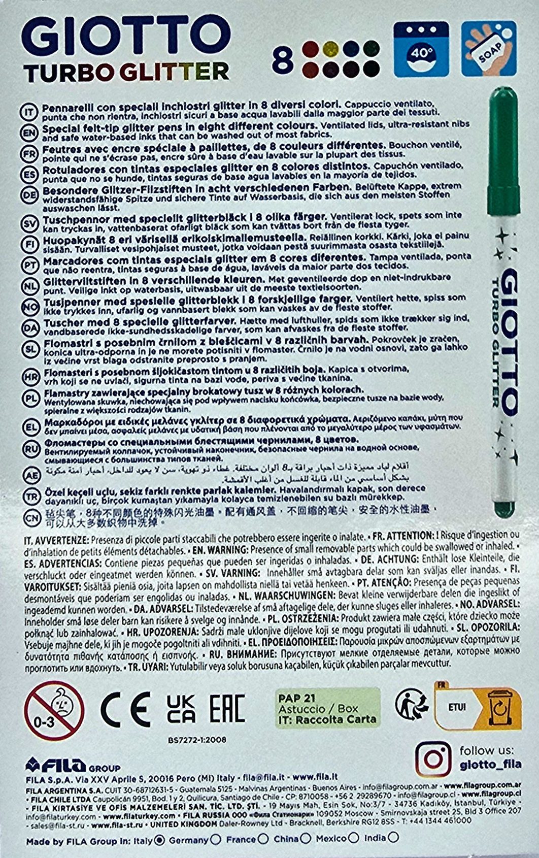 GIOTTO Malkreide Giotto Turbo Glitter 8 Stück Glitzer Filzstifte, (Glitter Filzstifte, Glitter Filzstifte)