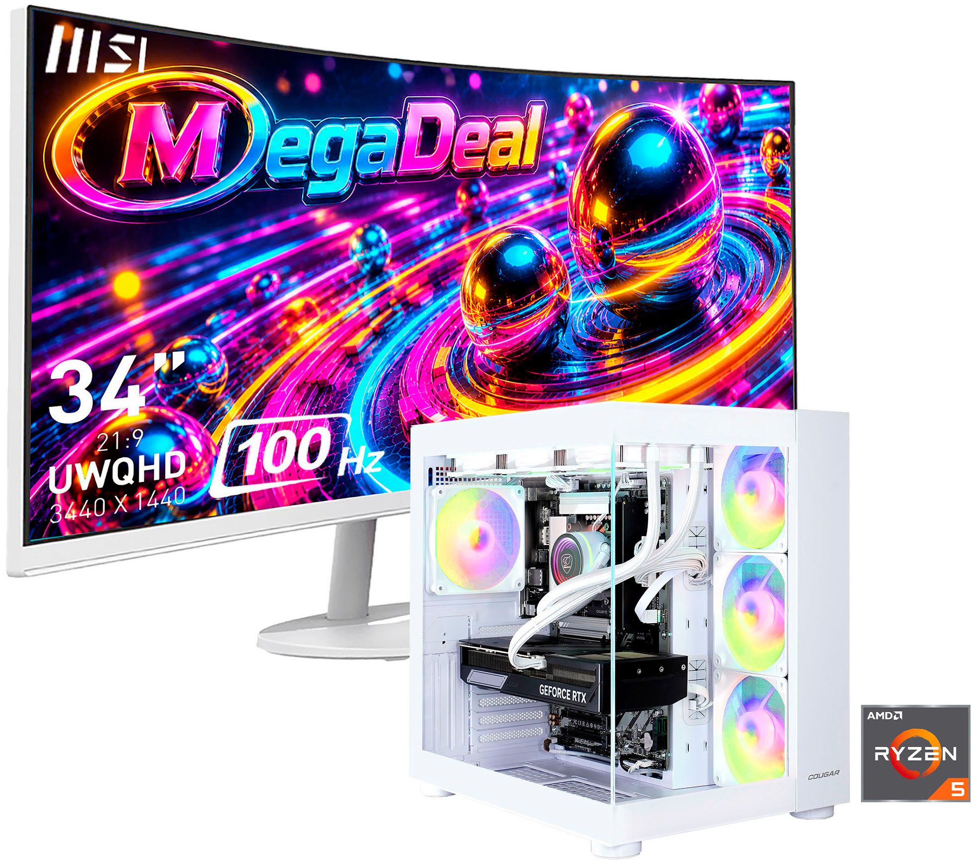 Cougar MegaDeal FV150 WT 2888 AMD Ryzen 5 9600X 32GB DDR5 1TB SSD RTX 5070 Gaming-PC-Komplettsystem (34", AMD Ryzen 5 9600X, RTX 5070, 32 GB RAM, 1000 GB SSD, Windows 11, DDR5 RAM+ MSI PRO MP341CQW LED-Monitor Curved 86,4 m (34)