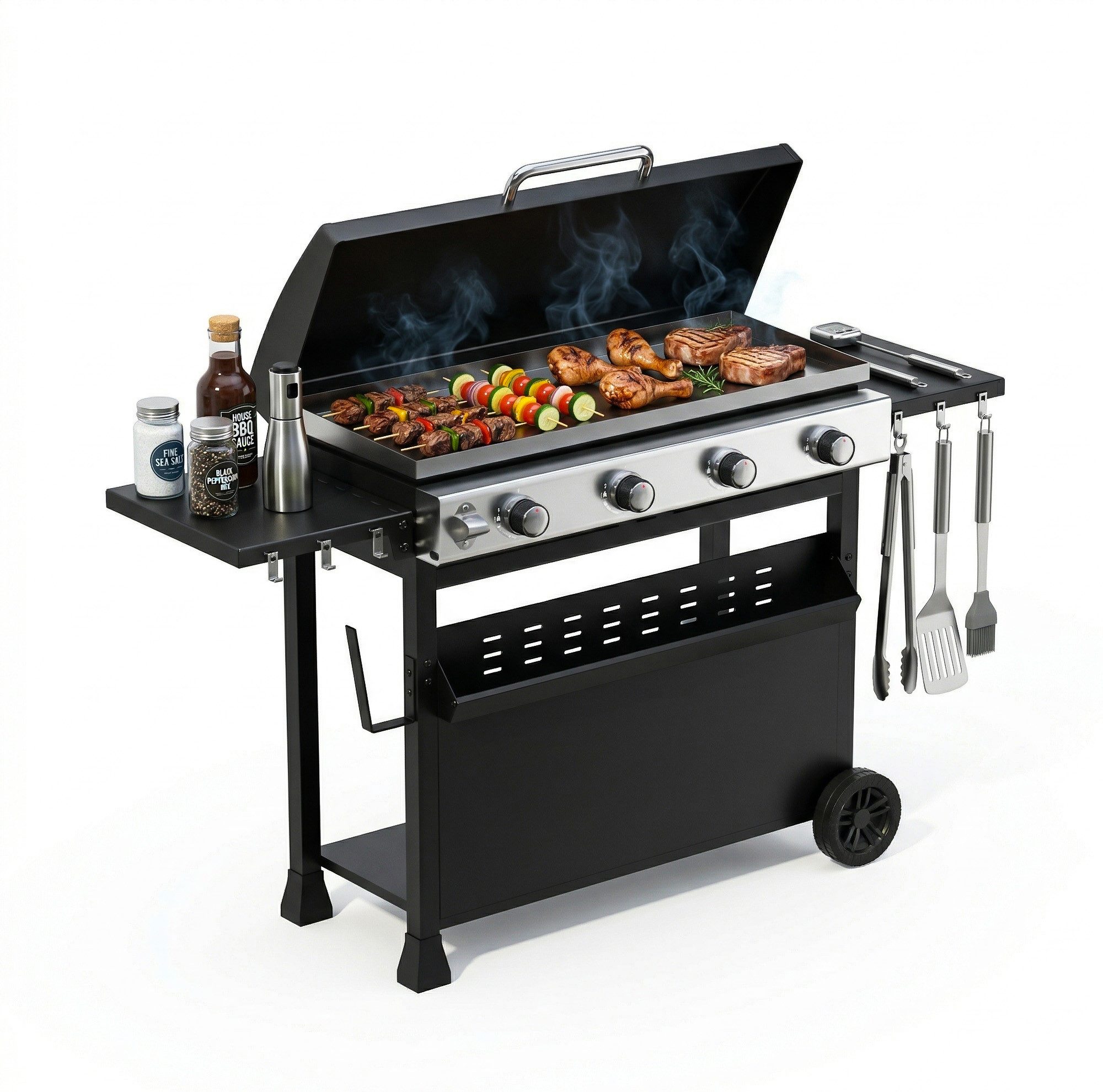 GarveeMore Standgrill Gasgrill 4 Brenner 32000 BTU mit Deckel, BBQ Grillwagen, mit Seitenablagen und Rädern