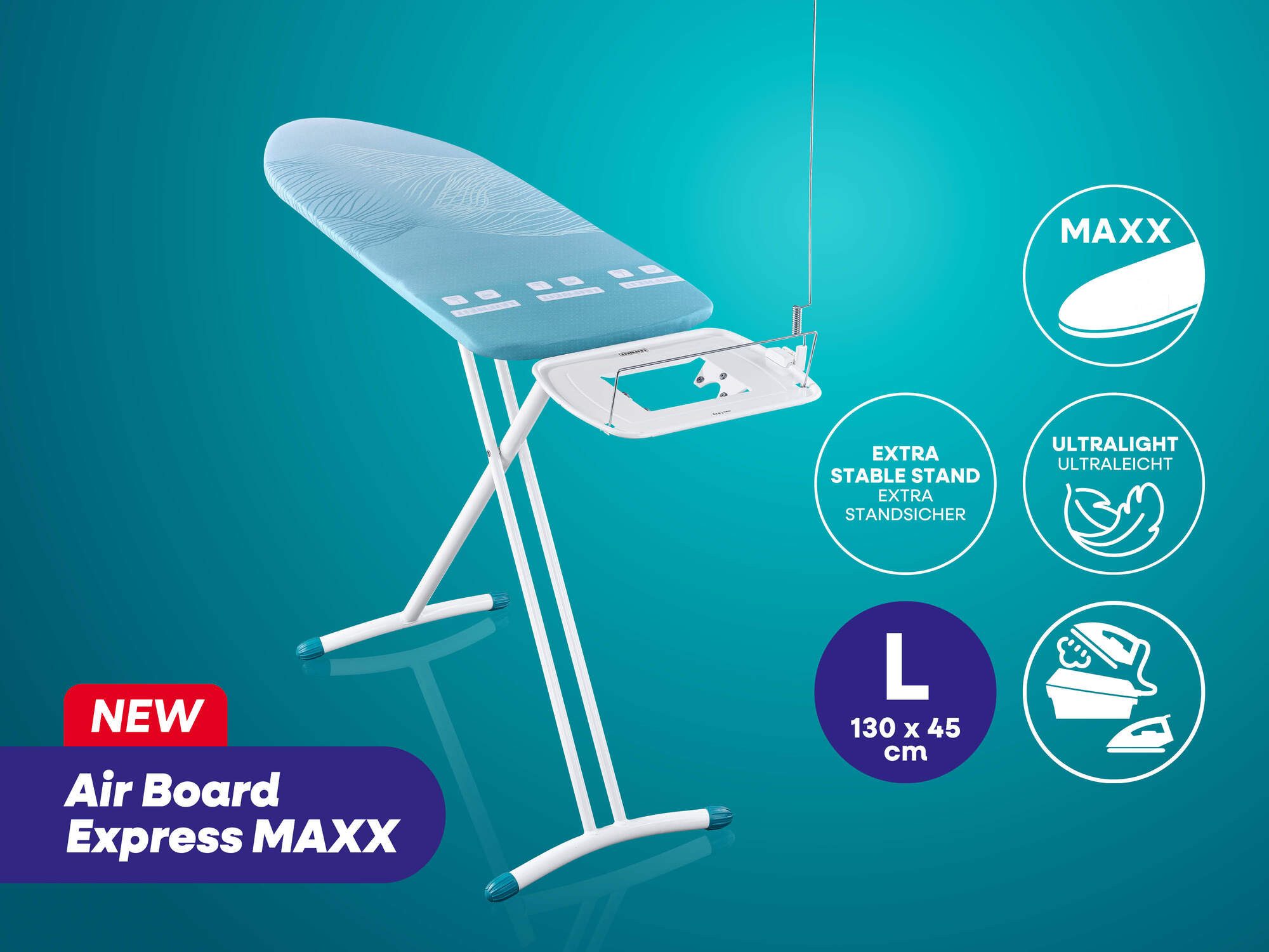 Leifheit Bügelbrett Bügeltisch Air Board Express L Solid MAXX, Bügelfläche 45.0x130.0 cm, Höhenverstellbar, Bügelfläche 130 x 45cm, auch für Dampfstationen