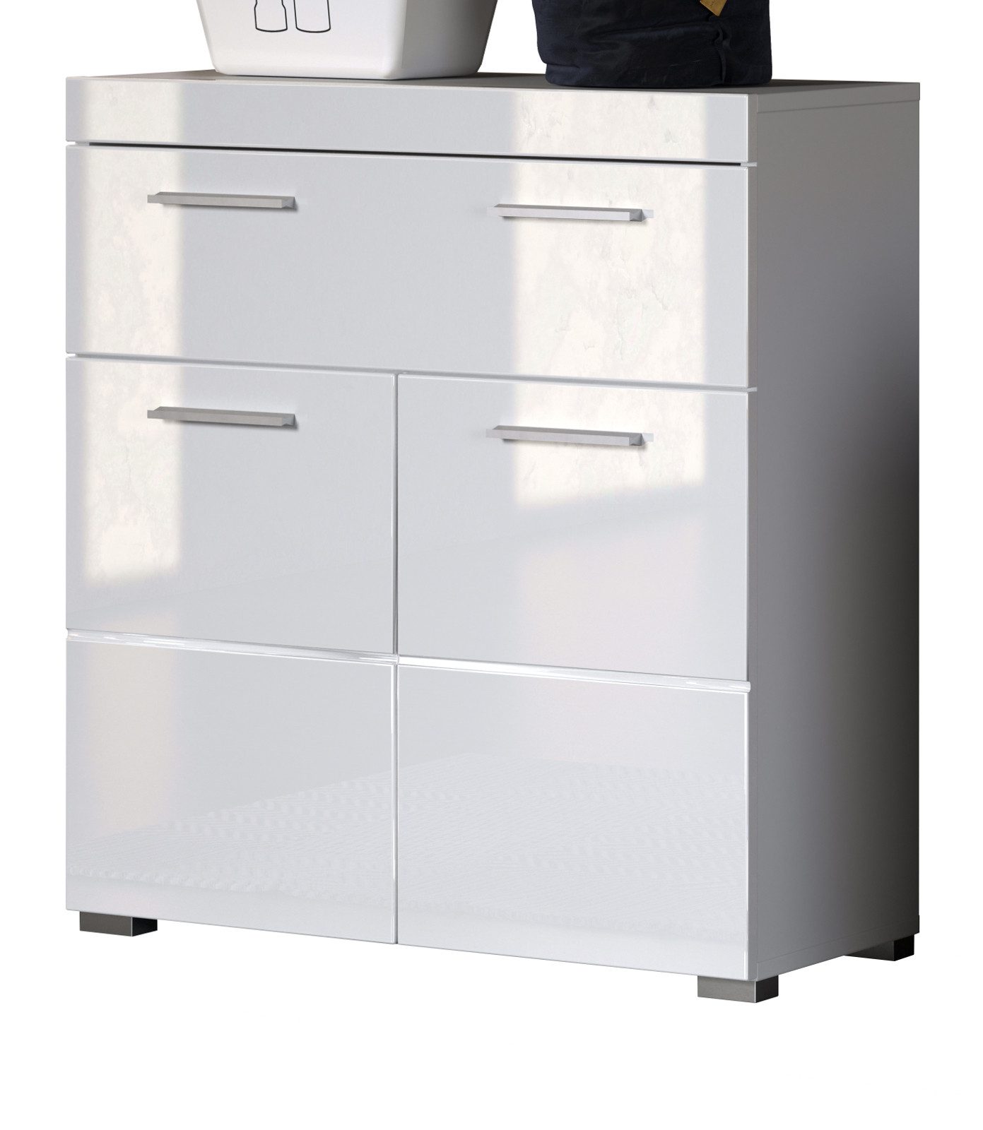 Inn.Furn Badkommode Shawn (Badschrank in weiß Hochglanz, 2-türig, 74 x 88 cm), mit großer Schublade und viel Stauraum