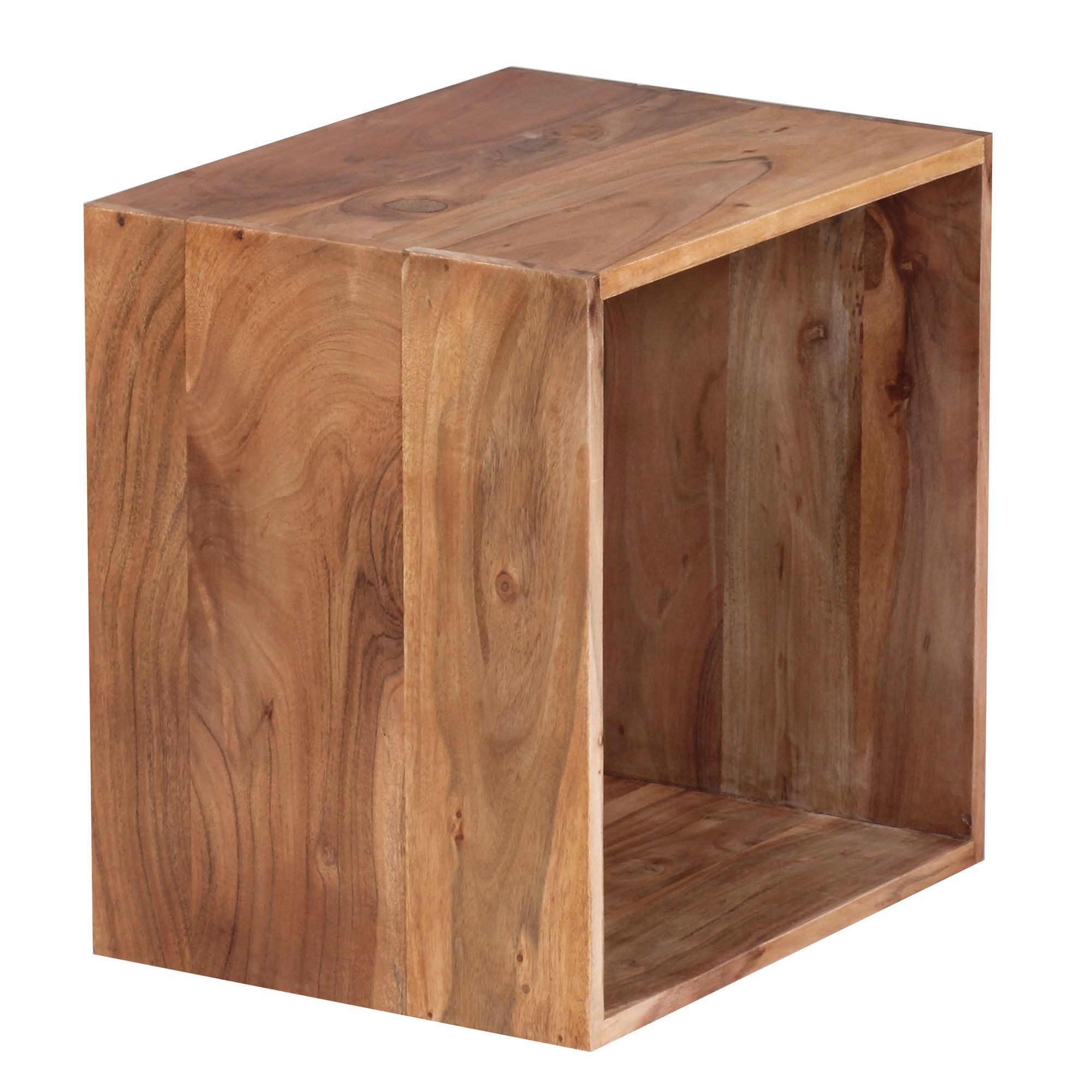 FINEBUY Standregal SuVa2508_1 Massivholz Regal Beistelltisch Tisch Holzcube Würfelregal, Akazie Massivholz 43,5x43,5x33 cm, Quadratisch, Kleines Bücherregal, Holzregal Natur Rustikal