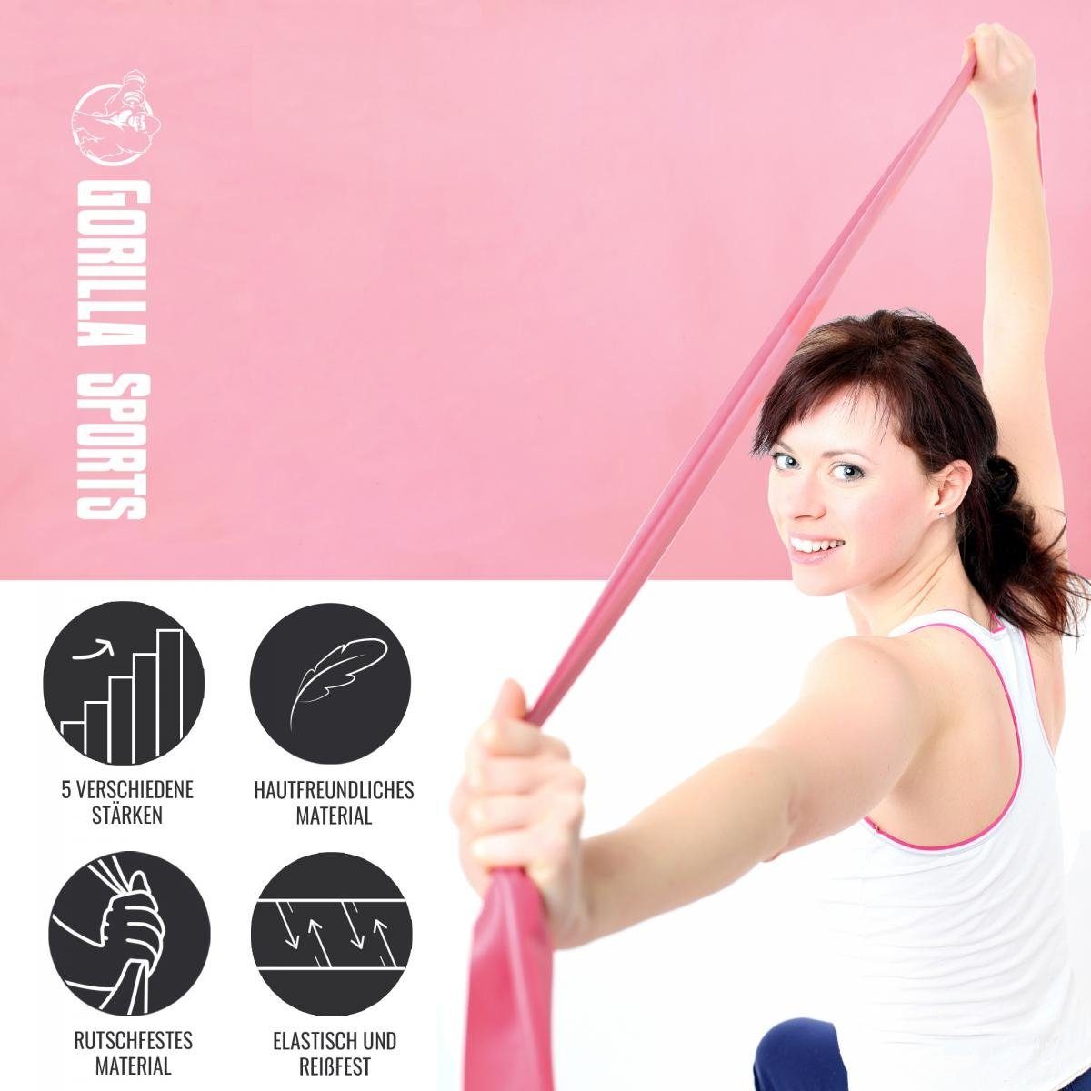 oder Trainingsbänder Einzeln 5er GORILLA Widerstandsbänder 120/200cm, Fitnessband Pink SPORTS Set,