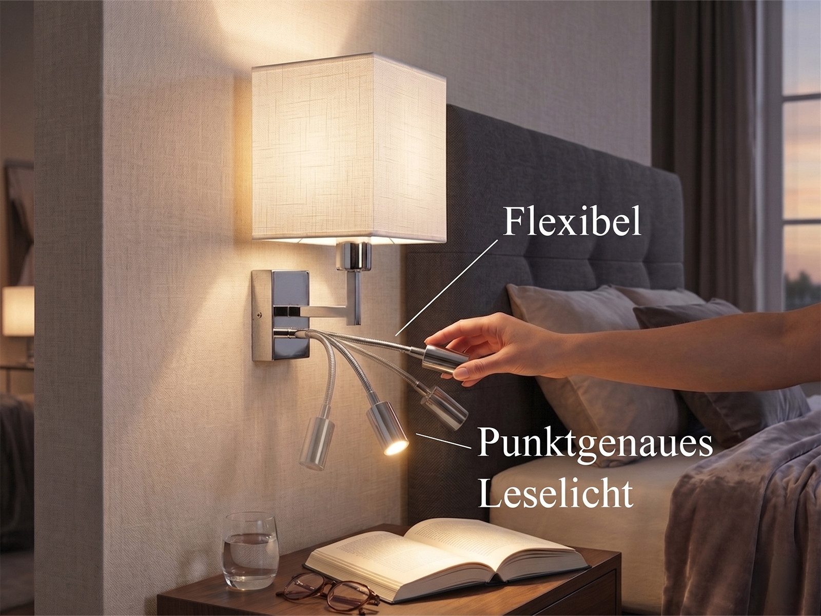 meineWunschleuchte Wandleuchte mit Schalter & Leselampe, Höhe 31cm, Lesearm, Leselicht LED fest integriert, ohne Leuchtmittel, Warmweiß, innen Wand-Lampe, moder – Bild 3 von 5