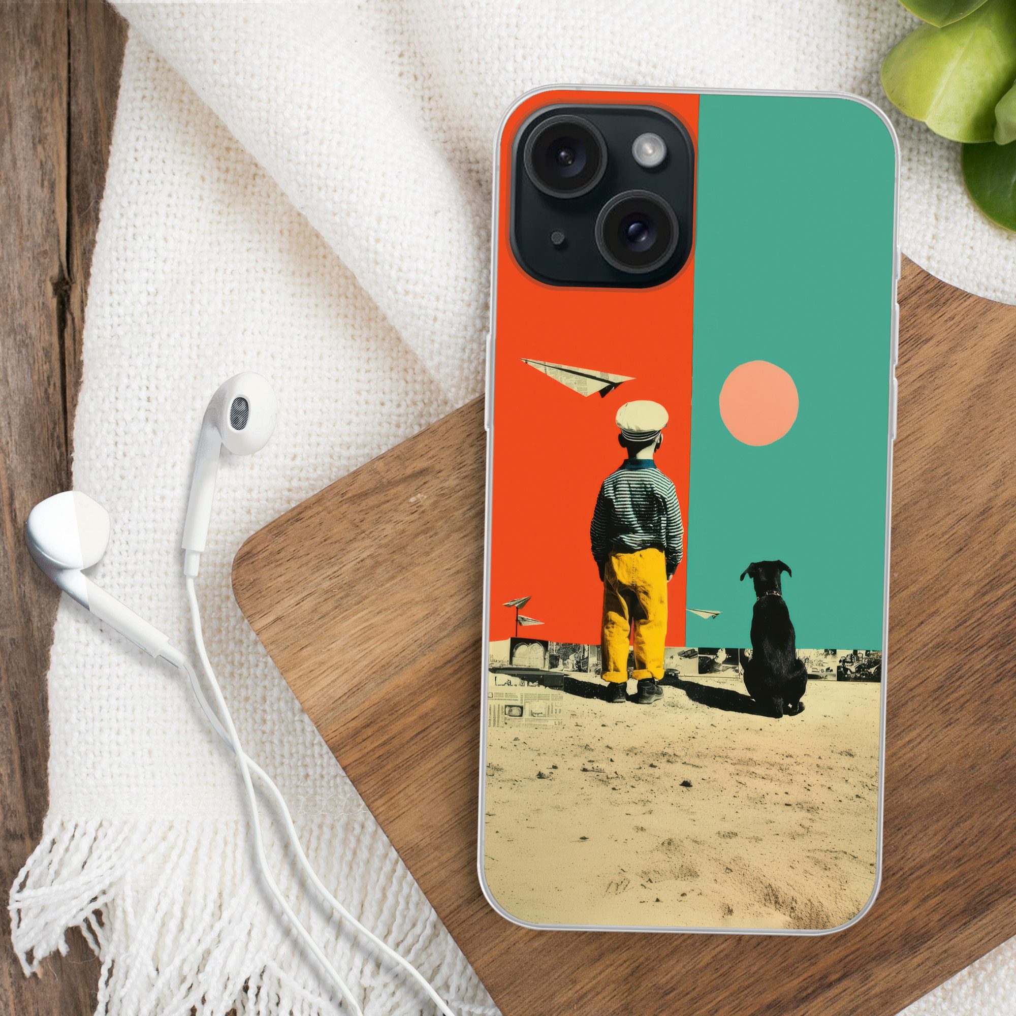 MuchoWow Handyhülle für Apple iPhone 15 Retro - Junge - Hund - Rot - Grün, Smartphone-Bumper, Print, Handy Schutzhülle Dünn