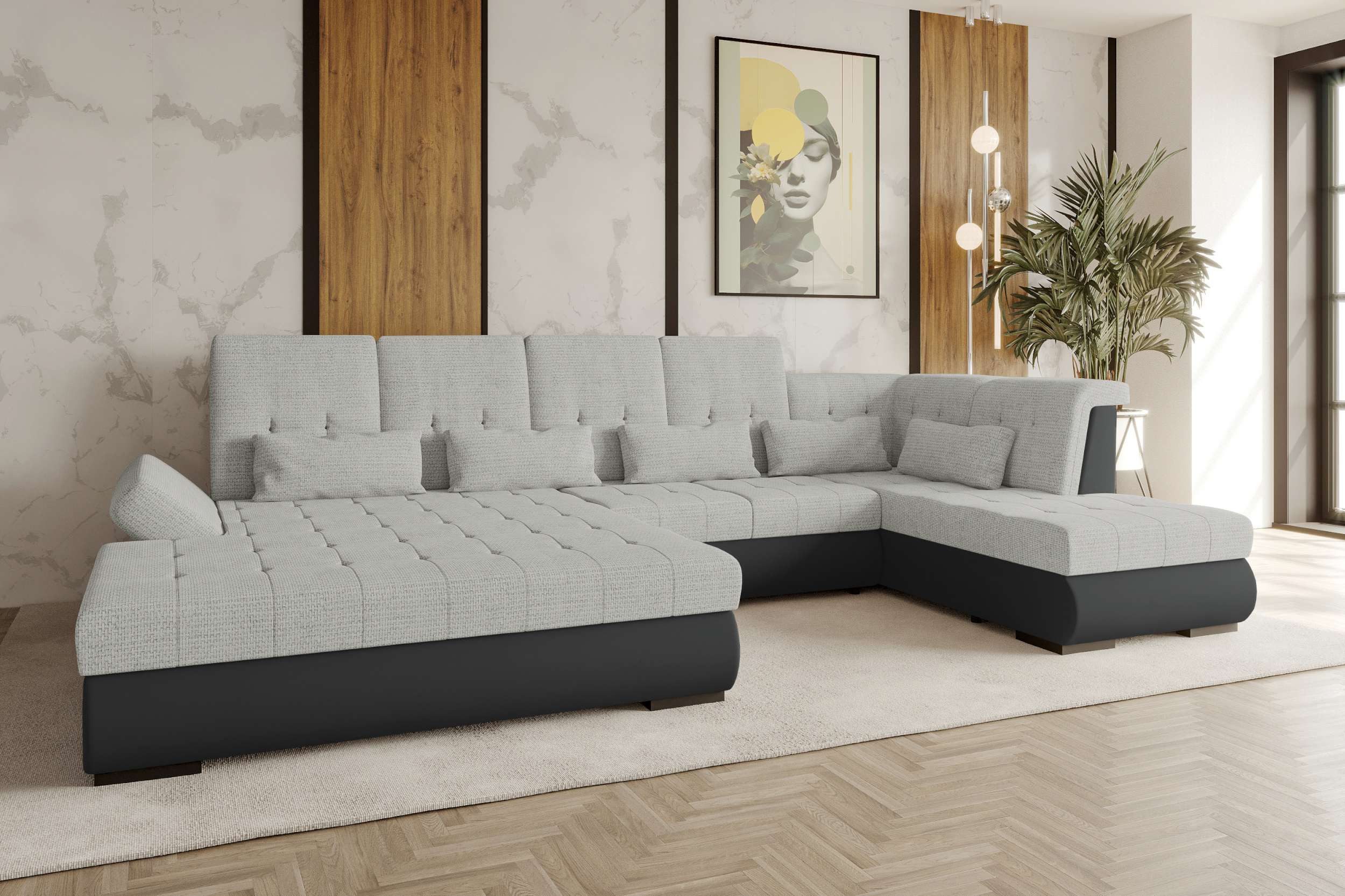 99rooms Wohnlandschaft Felicia, Sofa, U-Form, Bettfunktion, 5 Zierkissen, in Velours MANILA, Chenille EDEN